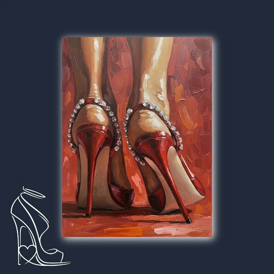 A mesmerizing oil painting capturing the seductive tilt of legs in ruby-red stiletto high heels, adorned with dazzling diamond ankle straps, set against a rich impasto backdrop.