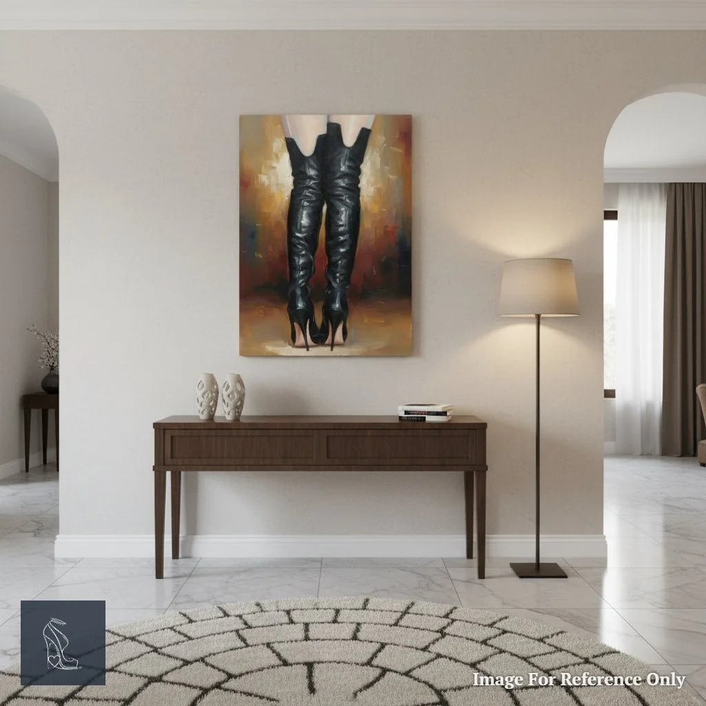 A vibrant print of Mark Lee's 'Ritual Boots' creating a powerful statement on a minimalist hallway wall, drawing attention to its dominant aesthetic.
