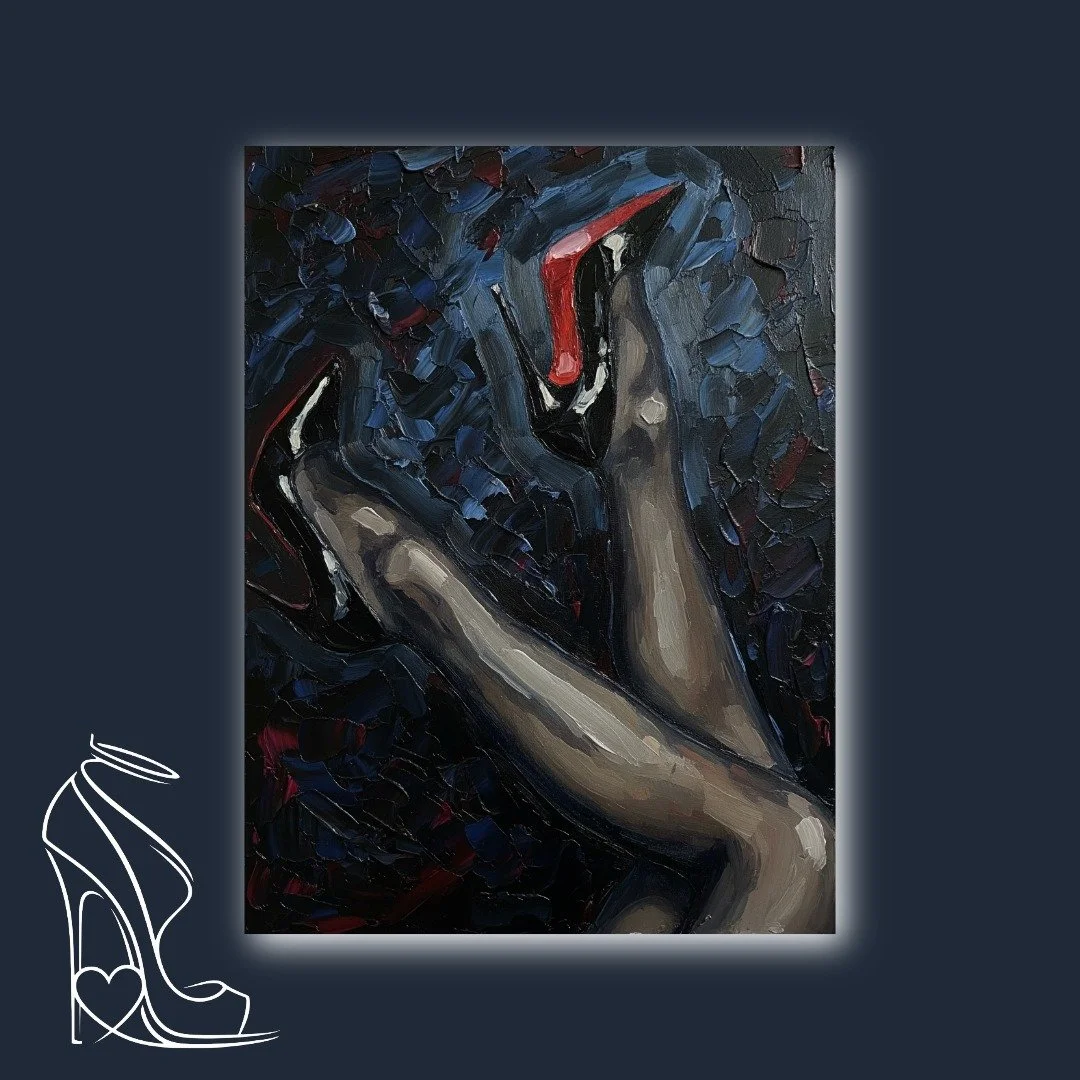 An intensely textured oil painting capturing the raw sensuality of legs and a striking crimson stiletto against a dark, mysterious backdrop.