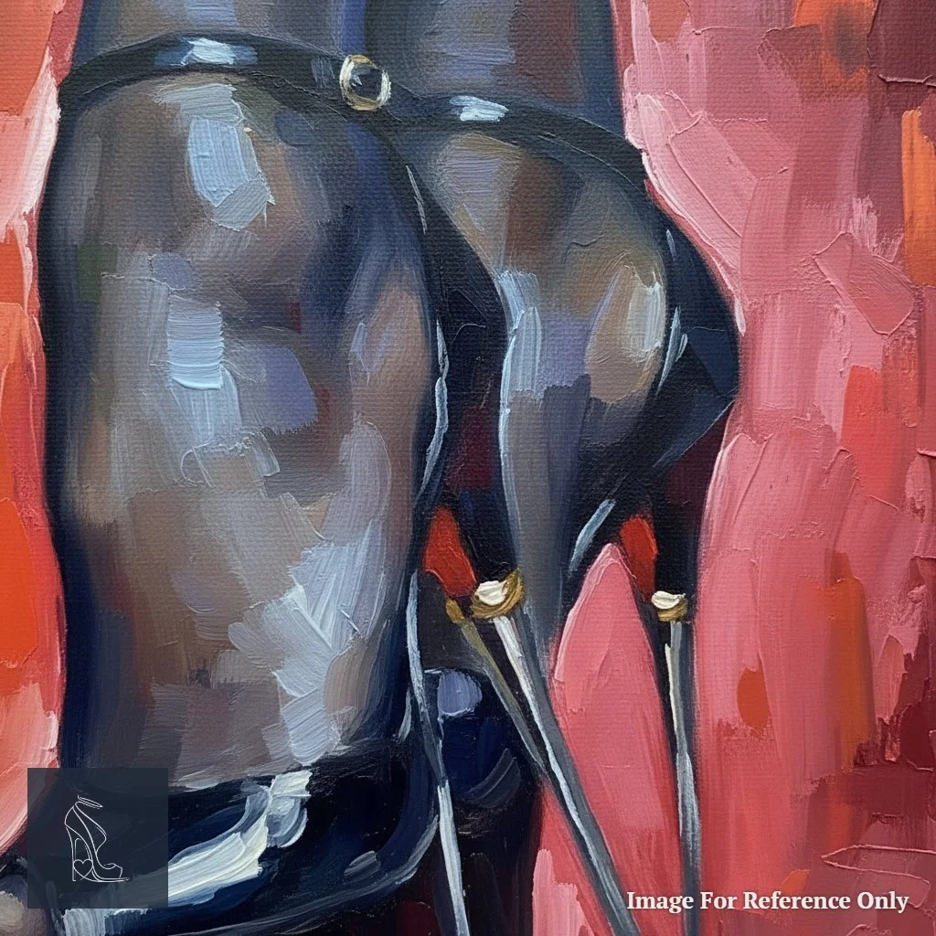 Detailed view of the alluring peep toe and metal stiletto of the luxury high heel in Mark Lee's fetish art painting, emphasizing texture and light.