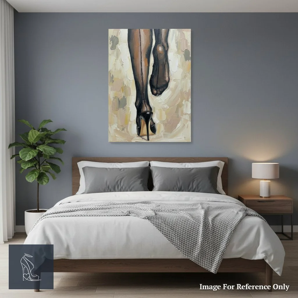 Impasto oil painting of a stiletto heel and seamed stocking hanging above a modern bed with neutral linens.