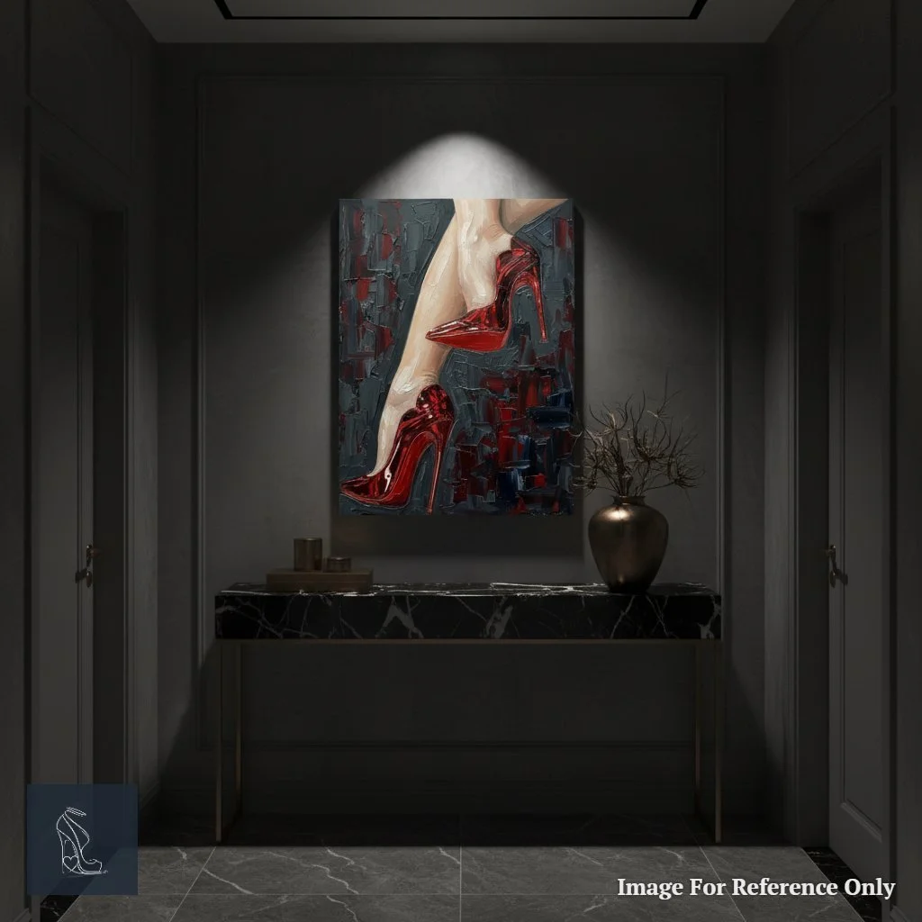 Mark Lee's 'Crimson Command' stiletto high heel painting, a vibrant focal point in a long, dimly lit luxury hallway, enhancing the dramatic ambiance.