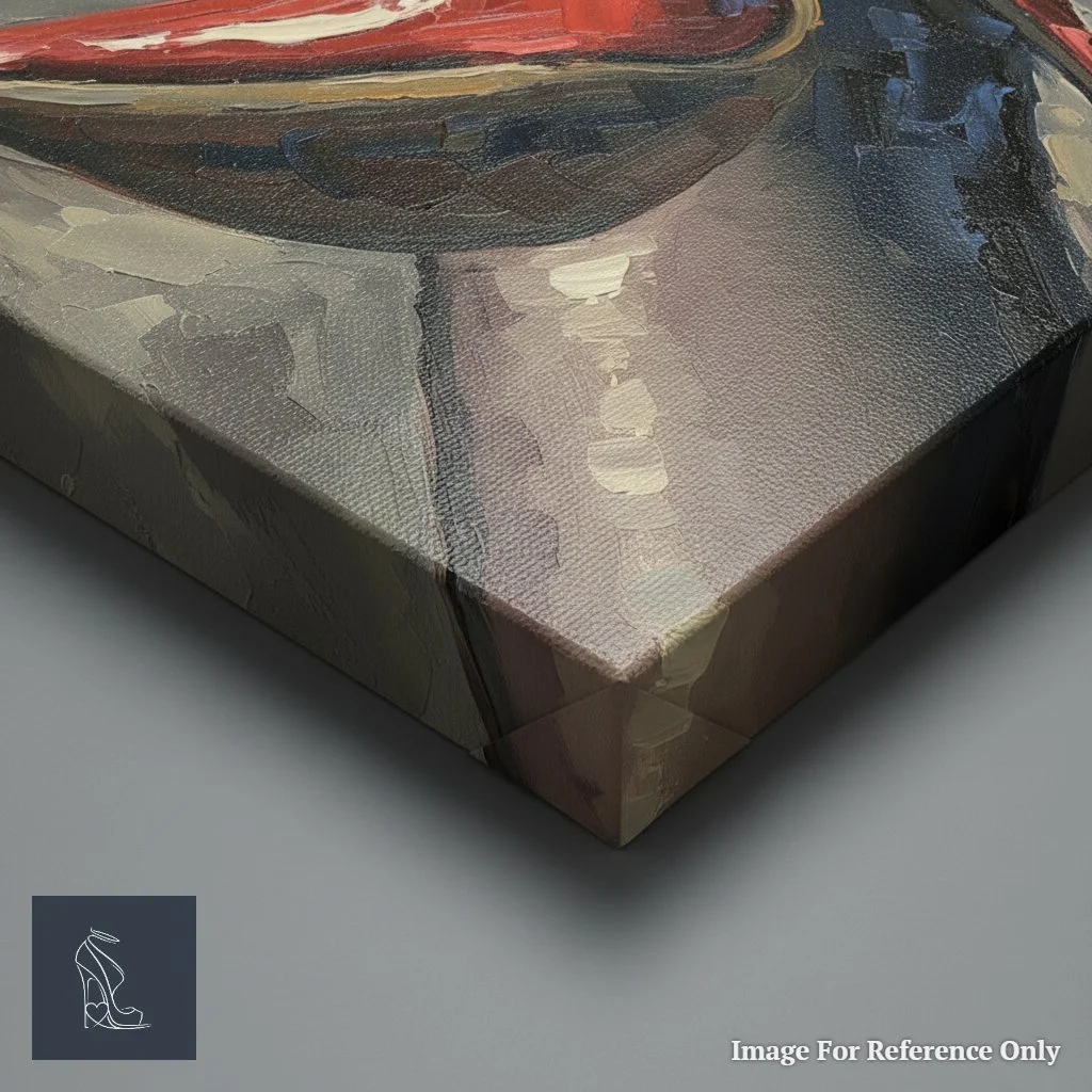 Close-up of the thick impasto texture and vibrant red paint on the corner of Mark Lee's original stiletto fetish art canvas.