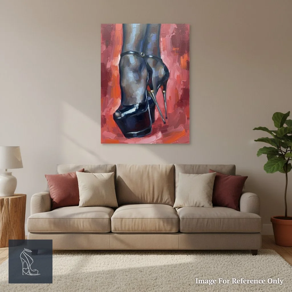 Captivating Mark Lee oil painting, 'Crimson Ascent,' featuring black patent leather stilettos against a rich red, serving as a focal point in a contemporary living room.