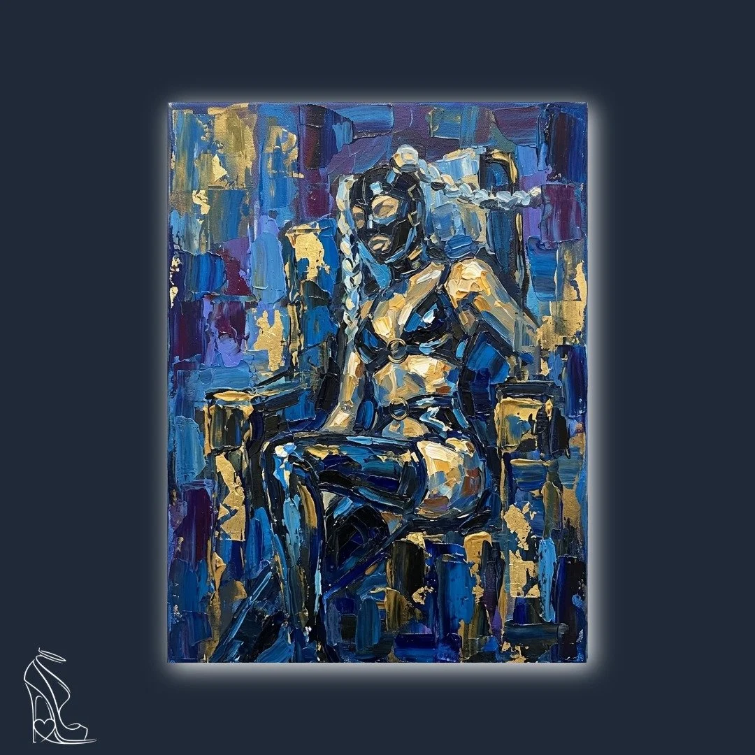 Digital impasto painting of a masked woman in latex with blue and gold palette knife textures and high-heel focus.