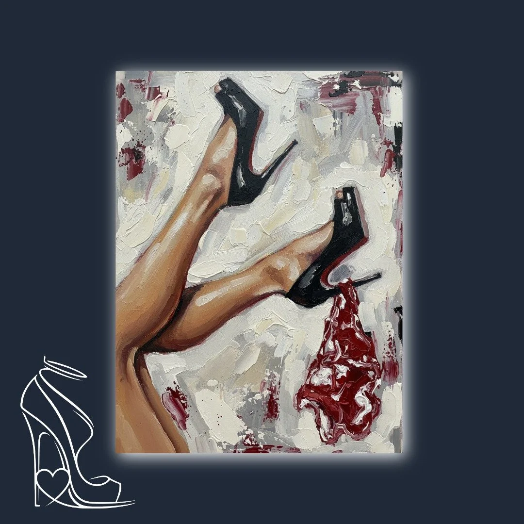 A dynamic impasto oil painting capturing the seductive power of glossy black stiletto high heels and their iconic red soles, rendered with raw texture and vibrant energy.