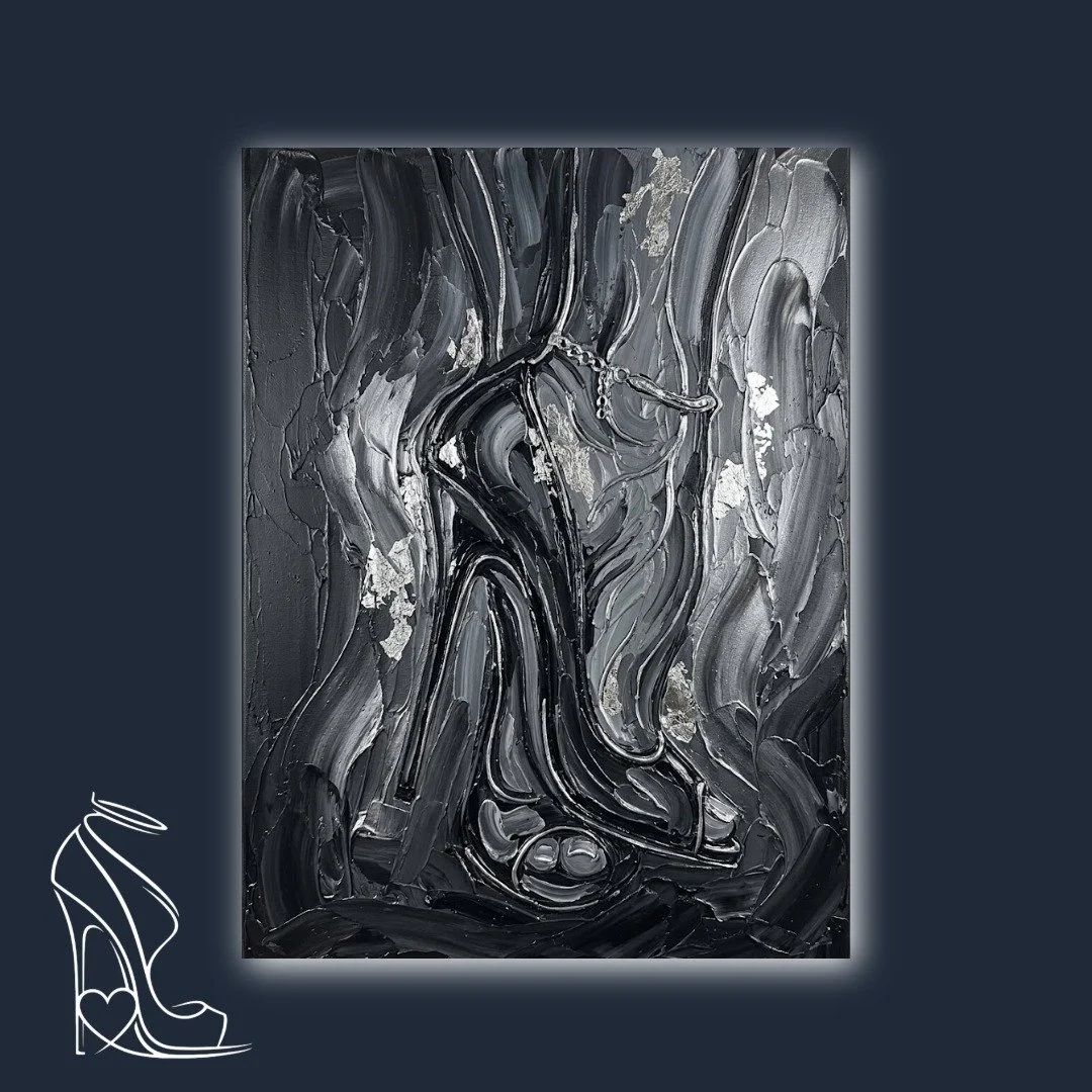 A monumental exploration of stiletto dominance, sculpted in heavy digital impasto with striking silver accents.