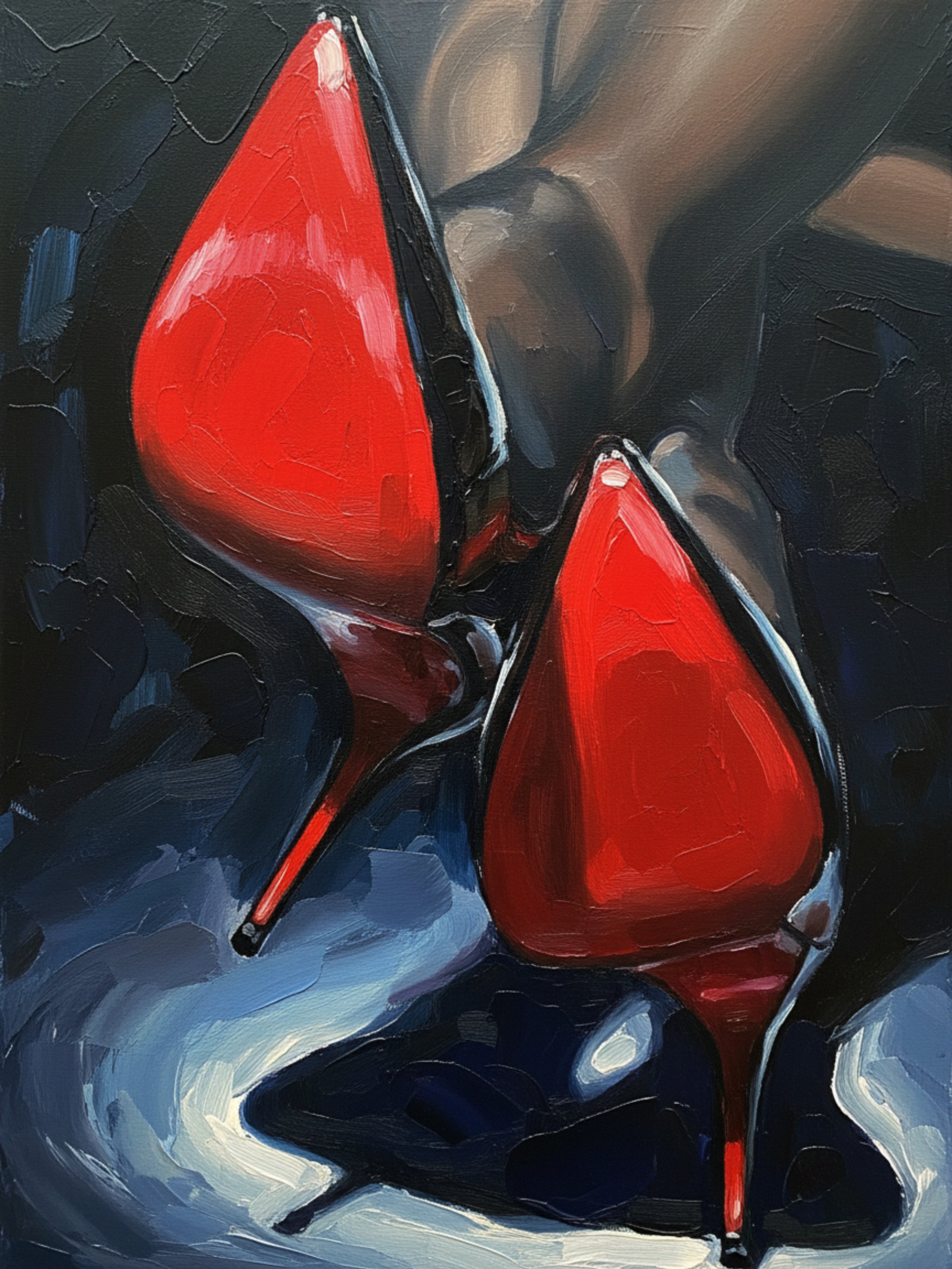 Original digital impasto oil painting by Mark Lee featuring glossy red stiletto heels and dark sheer stockings. Signature thick textured brushstrokes defining the Heel Lover dark luxury fetish art aesthetic