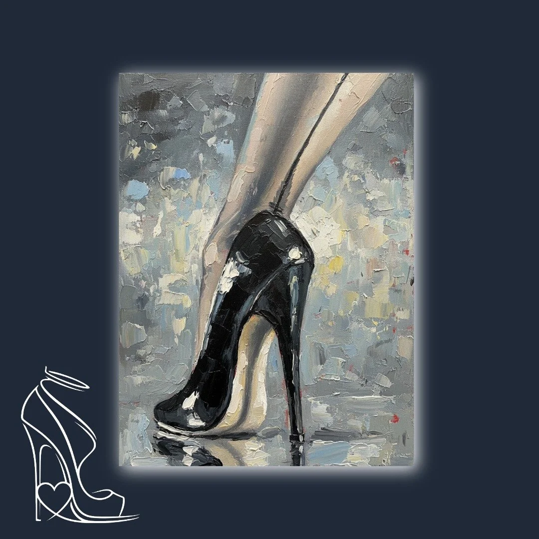 An alluring oil painting capturing the glossy power and exquisite form of a patent leather stiletto high heel, rendered with rich impasto.