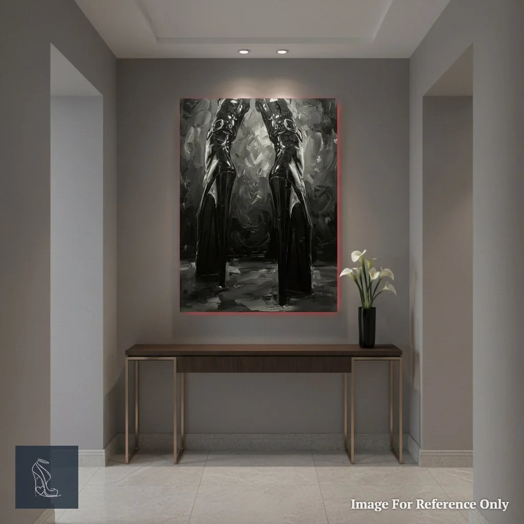 Large-scale 'Vertiginous Dominion' stiletto art piece hanging prominently in a minimalist, dark-themed hallway, creating a dramatic focal point.