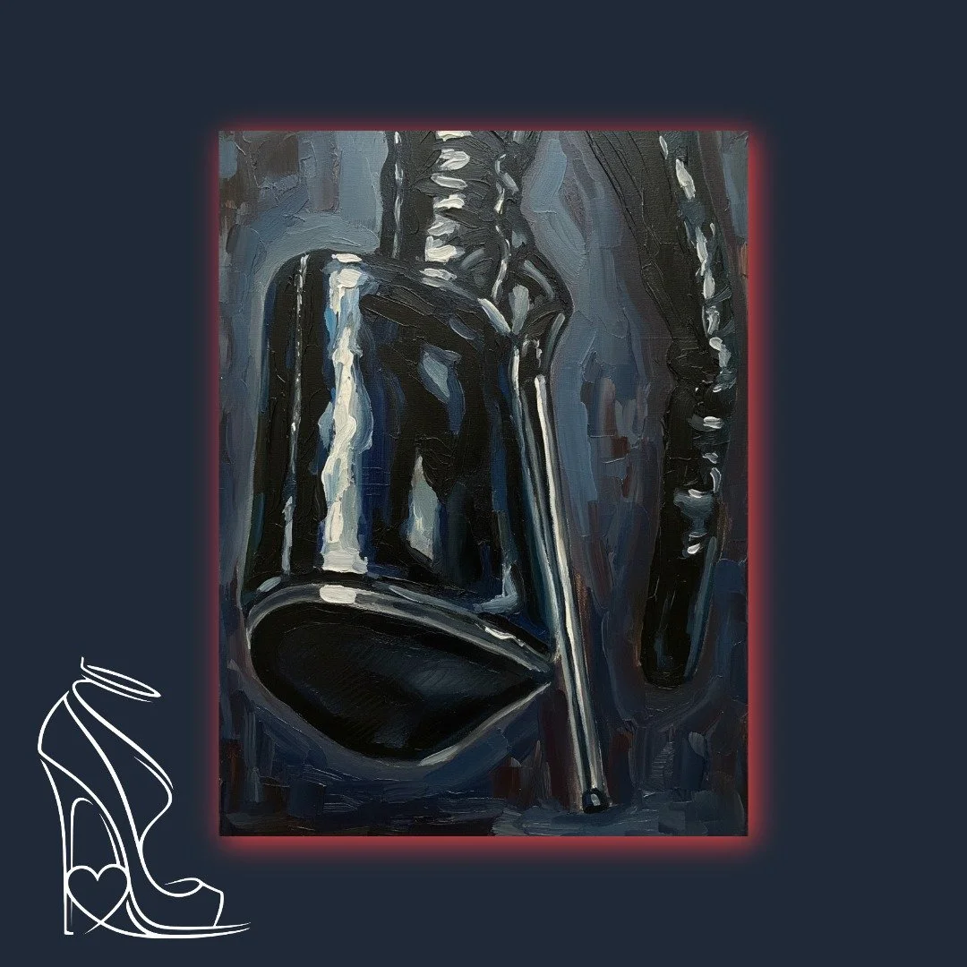 An intense oil painting capturing the seductive power of a 12-inch stiletto heel in glossy patent leather, inspired by Miss Vikki. A striking piece of fetish art.