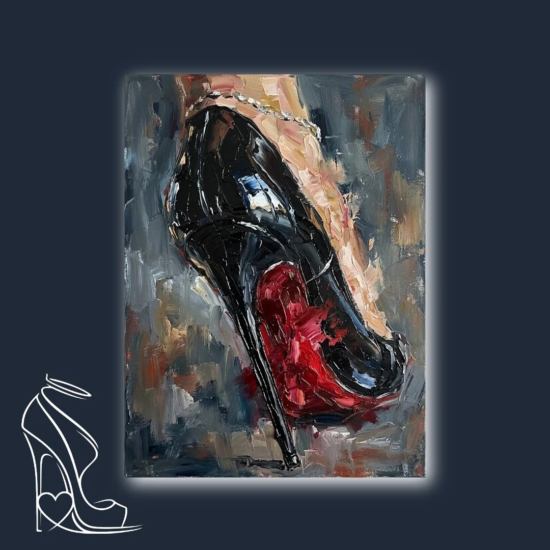 A striking digital impasto oil painting capturing the seductive power of a black stiletto high heel with a vibrant red sole, emphasizing texture and fetish allure.