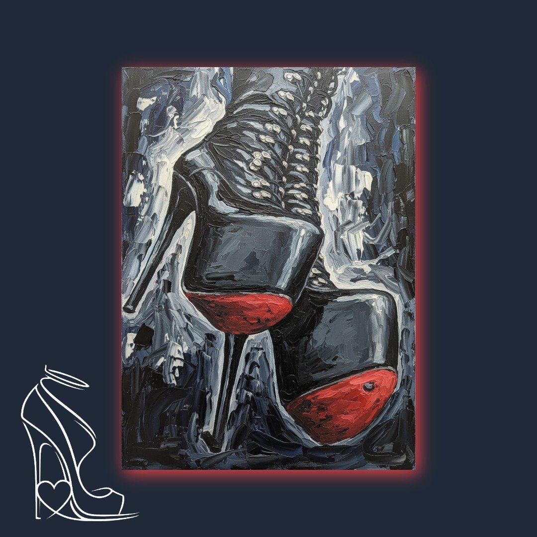 A commanding digital impasto portrayal of stiletto high heels with vibrant red soles, celebrating the power and allure of fetish footwear from 'The Architecture of Dominance' collection.
