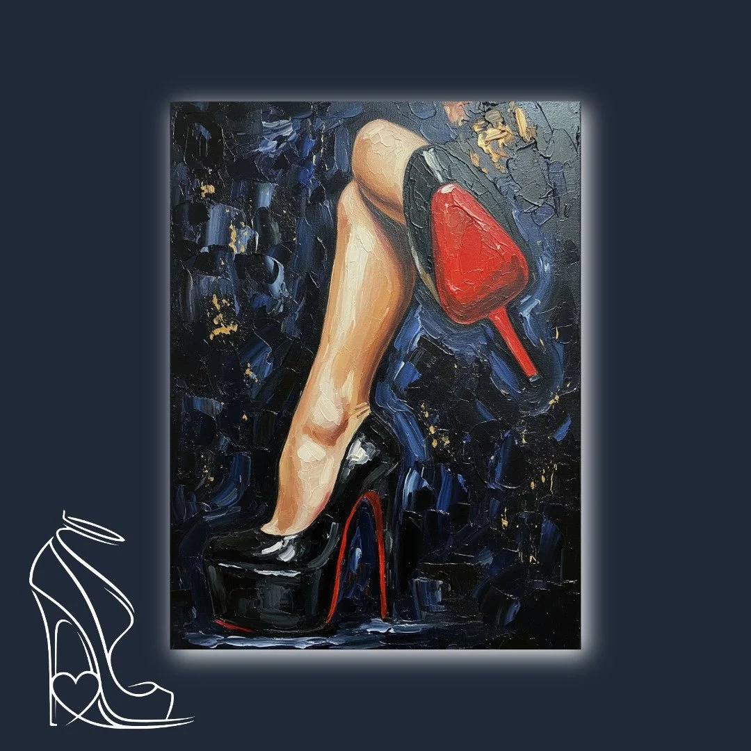 A masterful depiction of the stiletto's erotic power, focusing on the commanding crimson sole and the alluring submissive angle.