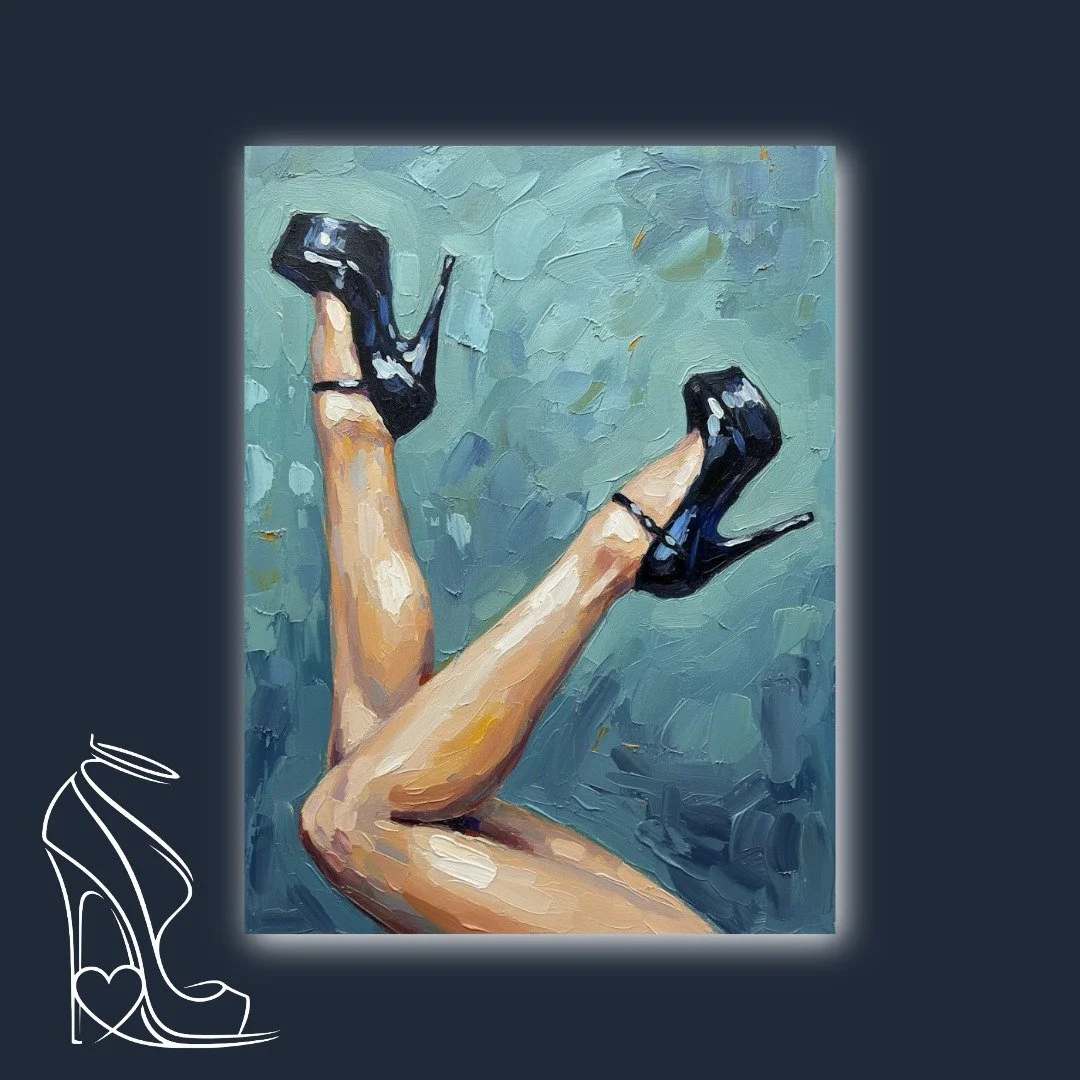 An original oil painting by Mark Lee, 'Stiletto Serenity' captures the alluring grace of legs adorned in glossy patent leather stiletto high heels.