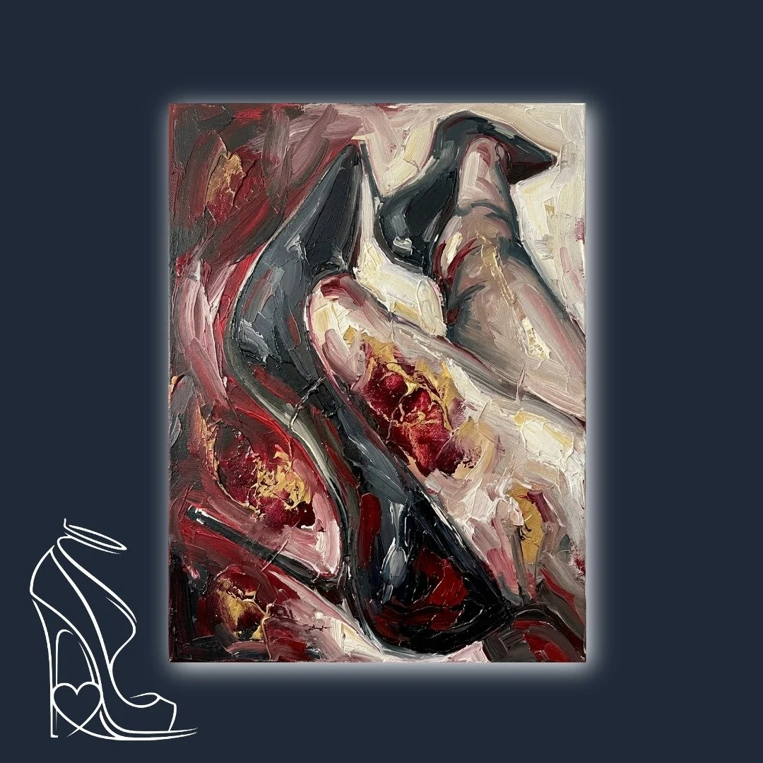 'Crimson Soles: Obsidian Desire' is an intense, textural exploration of the stiletto high heel, rendered in Mark Lee's signature impasto style. A powerful statement of sensuality and luxury.