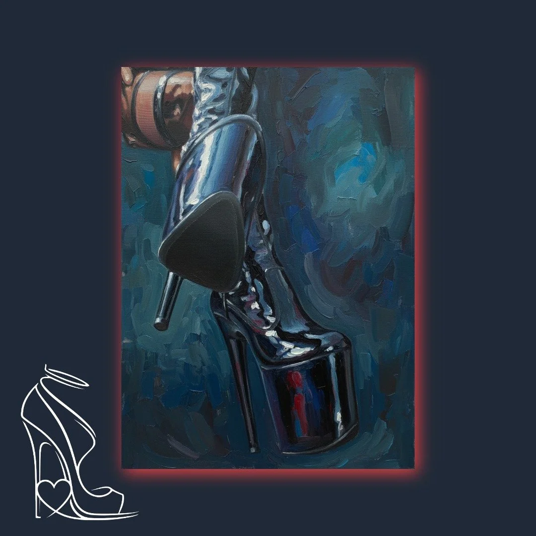 A digital impasto canvas capturing the formidable allure of a stiletto platform boot, inspired by @LeatherVikki's iconic footwear, embodying the Architecture of Dominance.