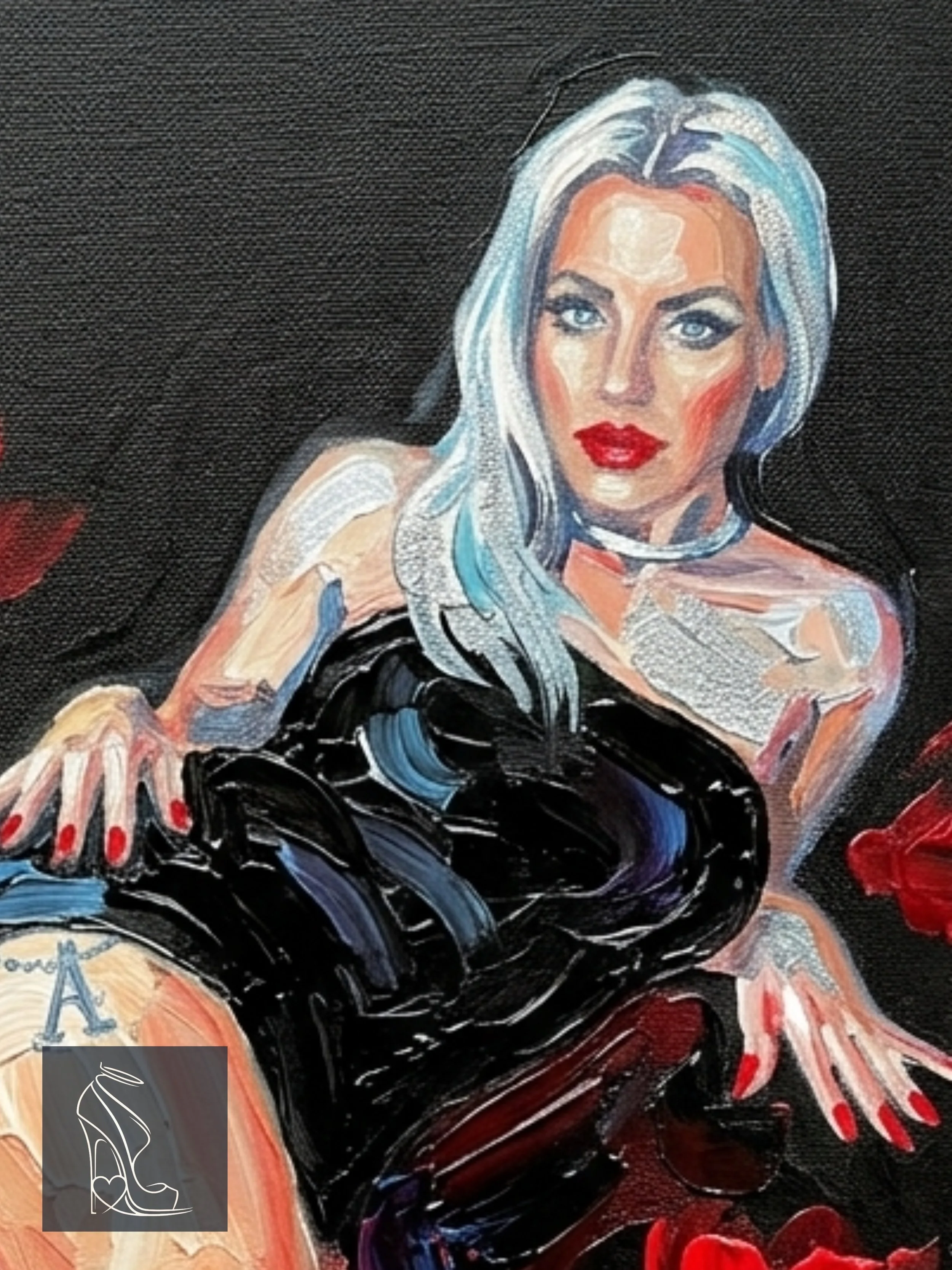 Taylor Blue portrait in glossy black dress and stiletto heels among red flowers in heavy impasto style..jpeg