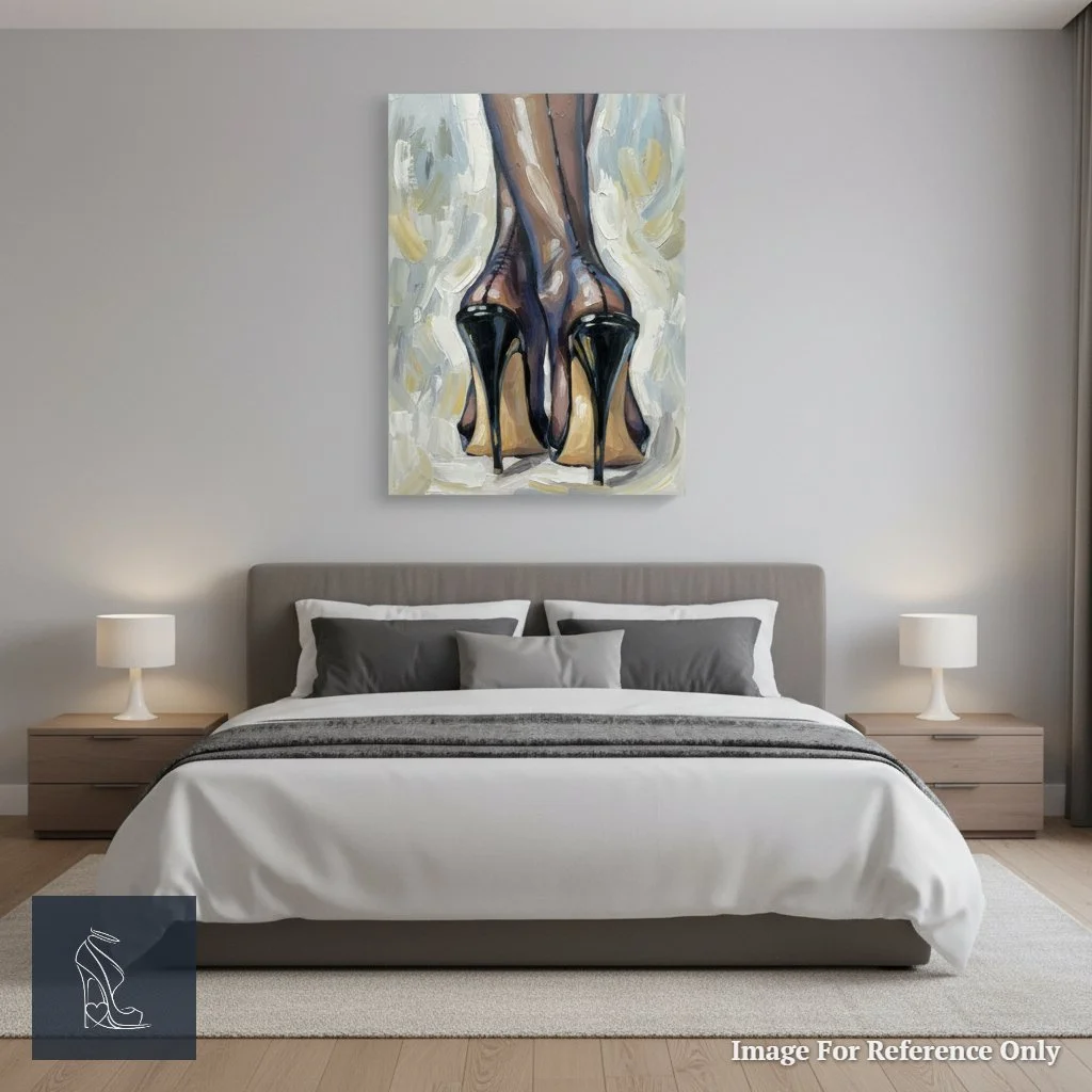 A large canvas of 'The Arch of Midnight Seams' hanging above a bed, showcasing the dark stilettos and seamed stockings against a minimalist decor.