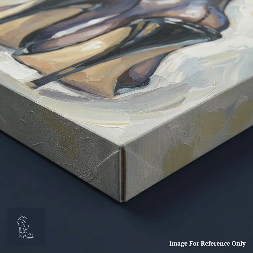 Close-up of the canvas corner wrap, showing the continuation of the cream and grey brushstrokes around the wooden frame.