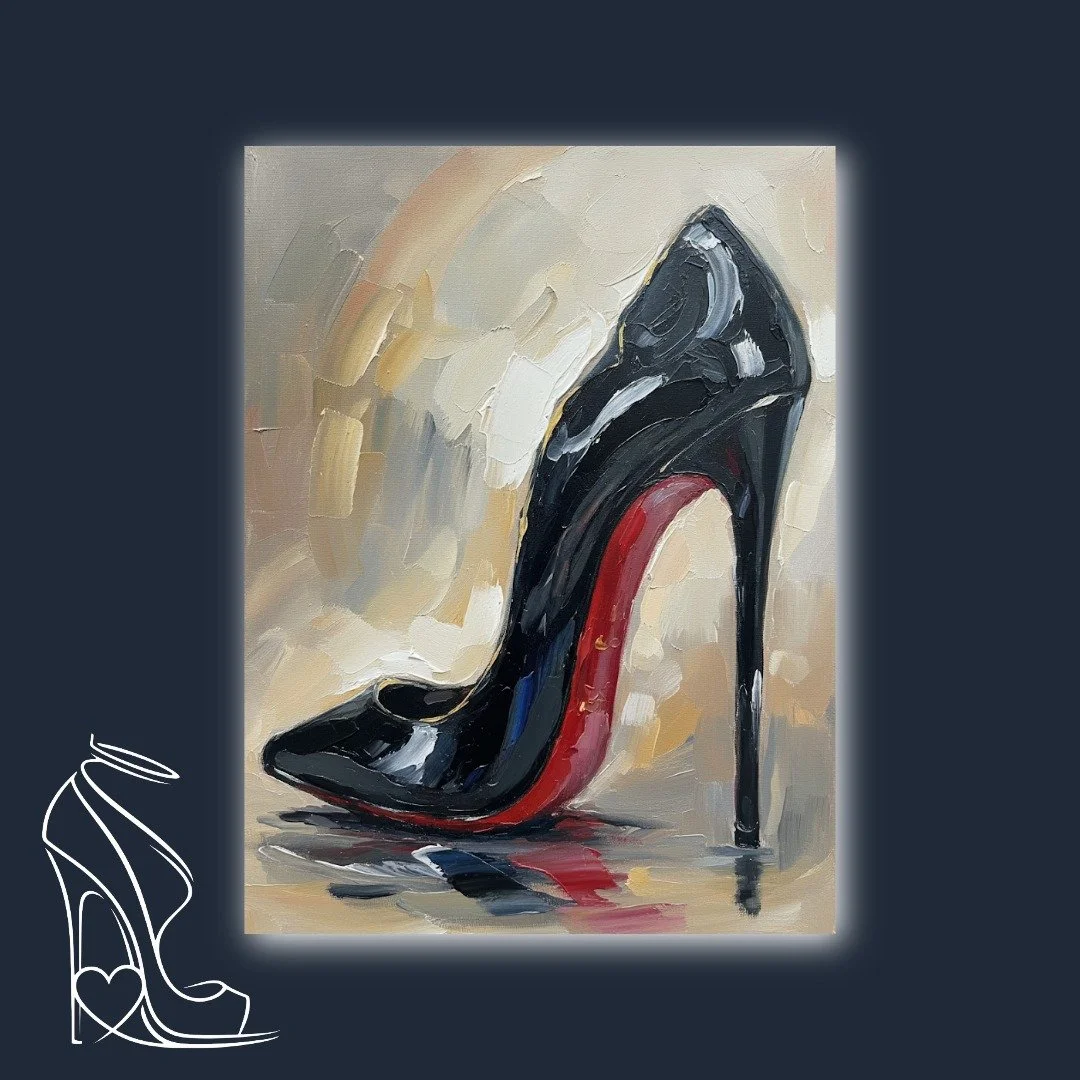 An alluring impasto oil painting of a glossy black stiletto with a vibrant red sole, capturing the essence of fetish elegance.
