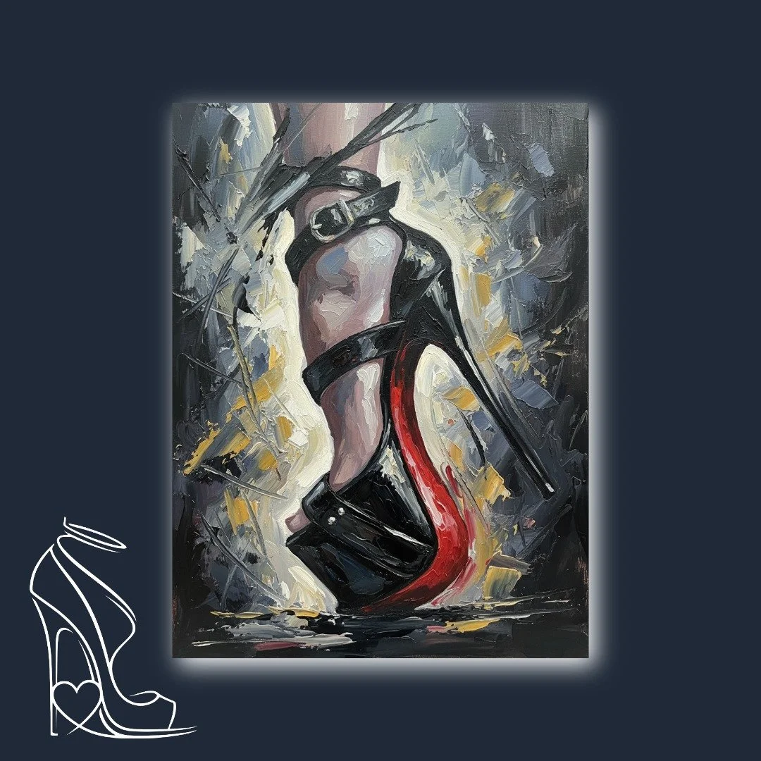 An impassioned ode to the stiletto, this painting captures the dramatic arch and powerful silhouette of an extreme platform heel, a testament to its transformative allure.