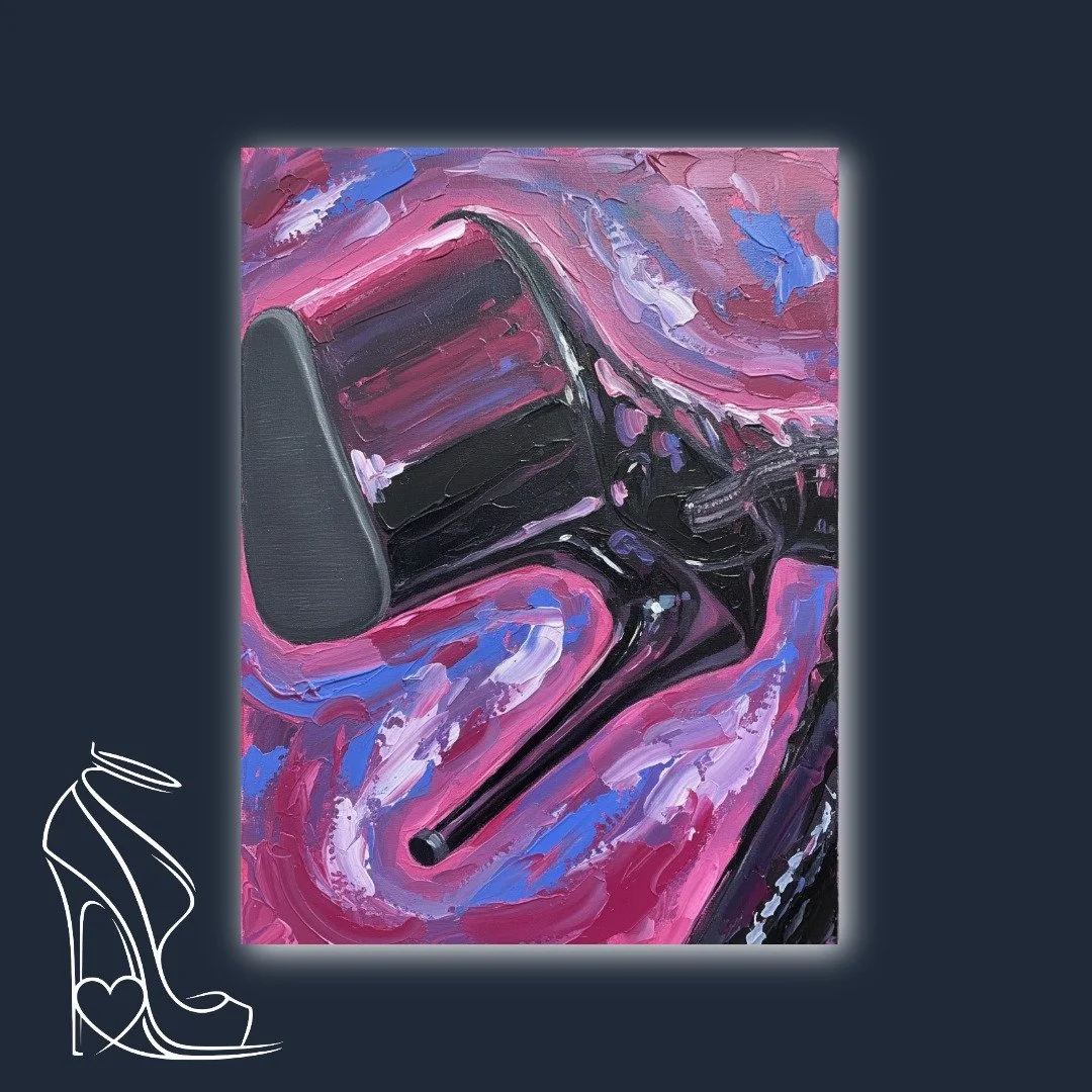 A vibrant, impasto painting capturing the alluring power and dark elegance of a stiletto high heel against a pulsating backdrop of fuchsia and violet.