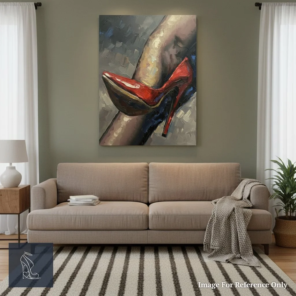 Contemporary living room accented by a Mark Lee oil painting depicting a powerful red stiletto heel, a focal point of erotic beauty and foot fetish art.