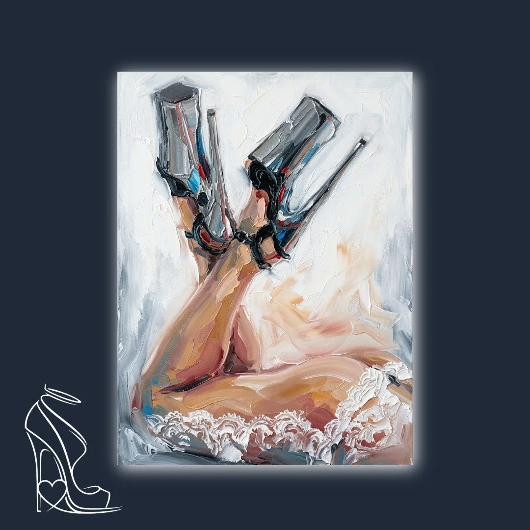 Impasto digital art of legs in silver stilettos with thick, textured paint strokes and white lace details.