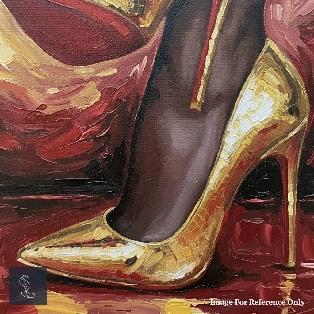 Detailed close-up of a golden stiletto high heel with a striking red sole, revealing intricate textures and vibrant colors in Mark Lee's art.