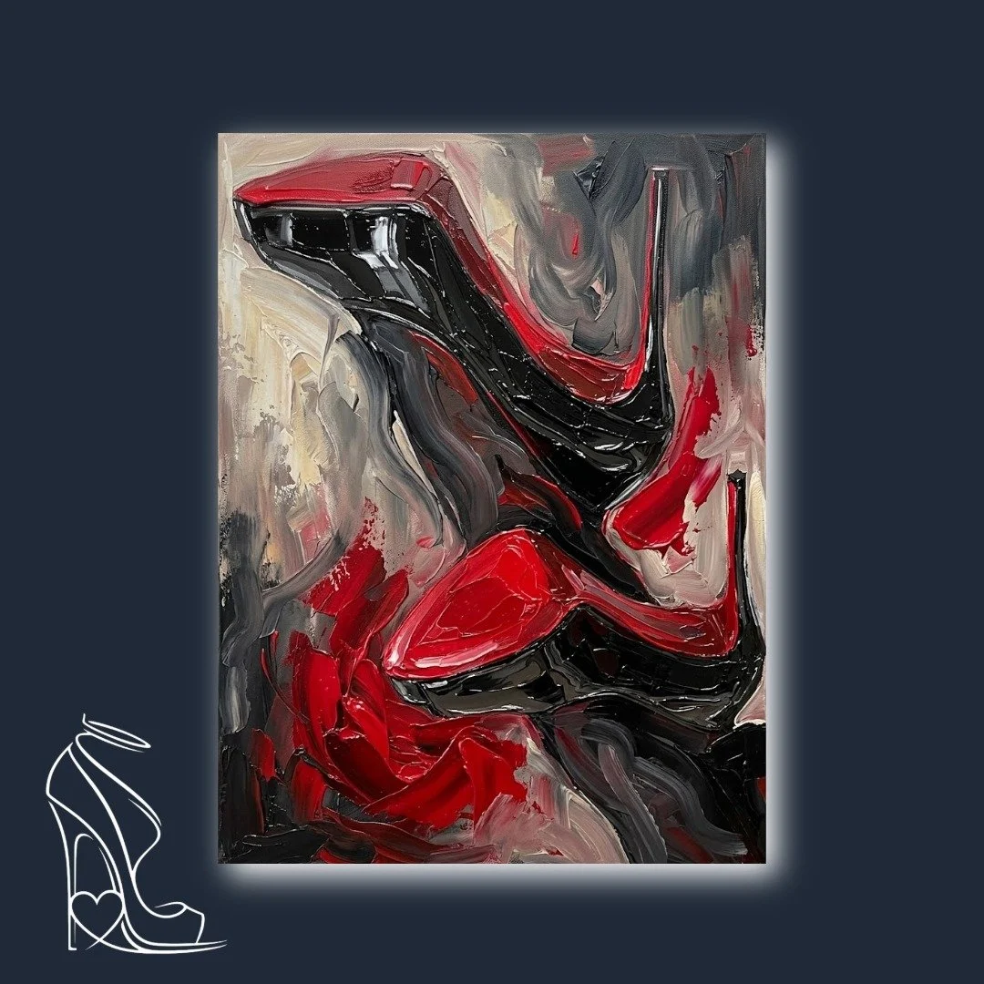 Digital impasto painting of black and red stiletto heels with thick, 3D oil paint texture and fetish aesthetic.