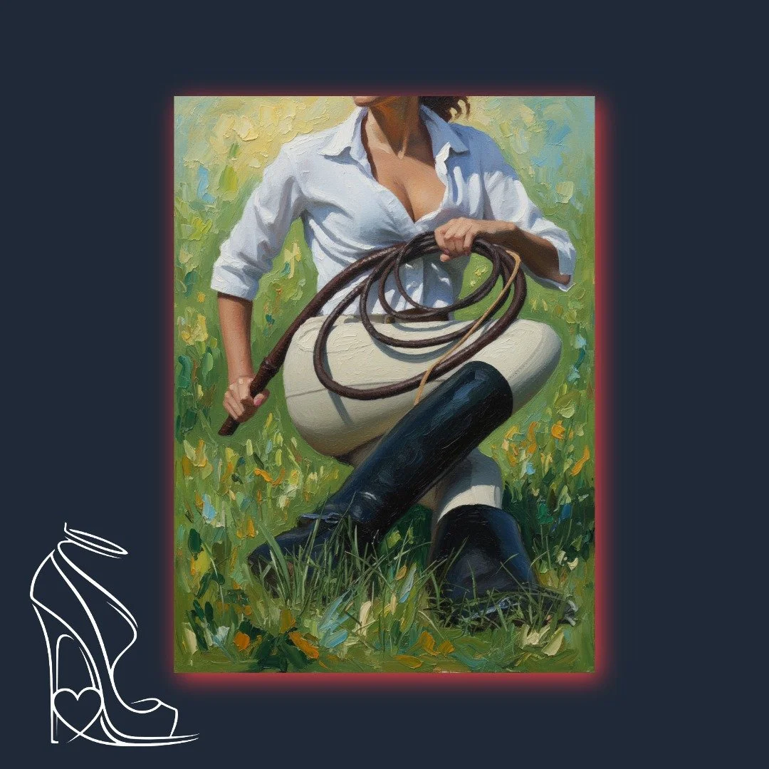 A commanding digital impasto portrait of a figure in polished riding boots and a crisp shirt, wielding a leather whip amidst a vibrant field, embodying the untamed spirit of dominance.