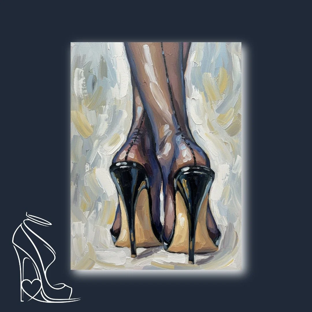 A striking impasto oil painting capturing the raw elegance of towering black stilettos and vintage seamed stockings in a classic cross-legged pose.