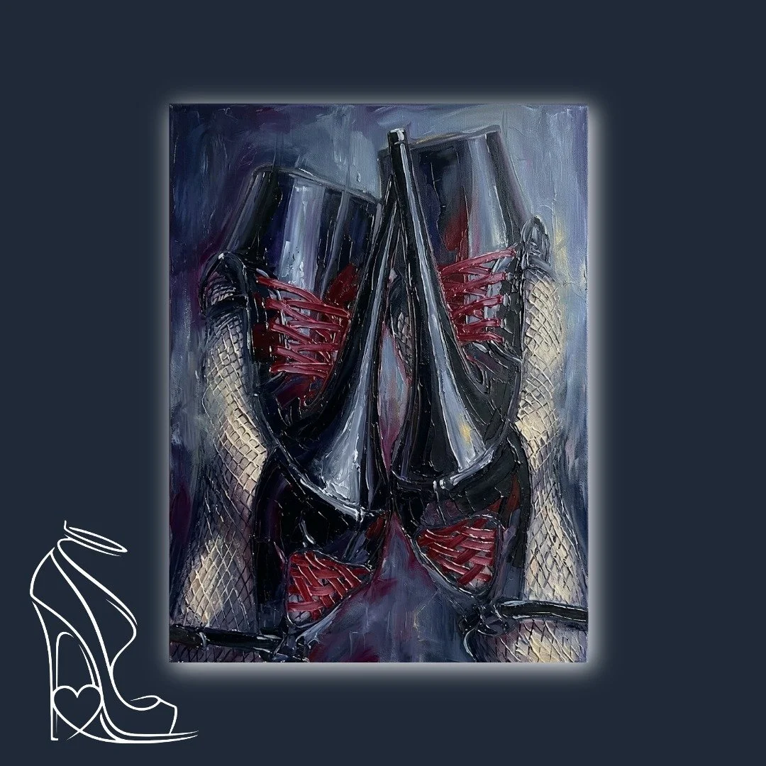 An expressive oil painting by Mark Lee featuring two black patent leather stiletto high heels with red lacing, worn with fishnet stockings.