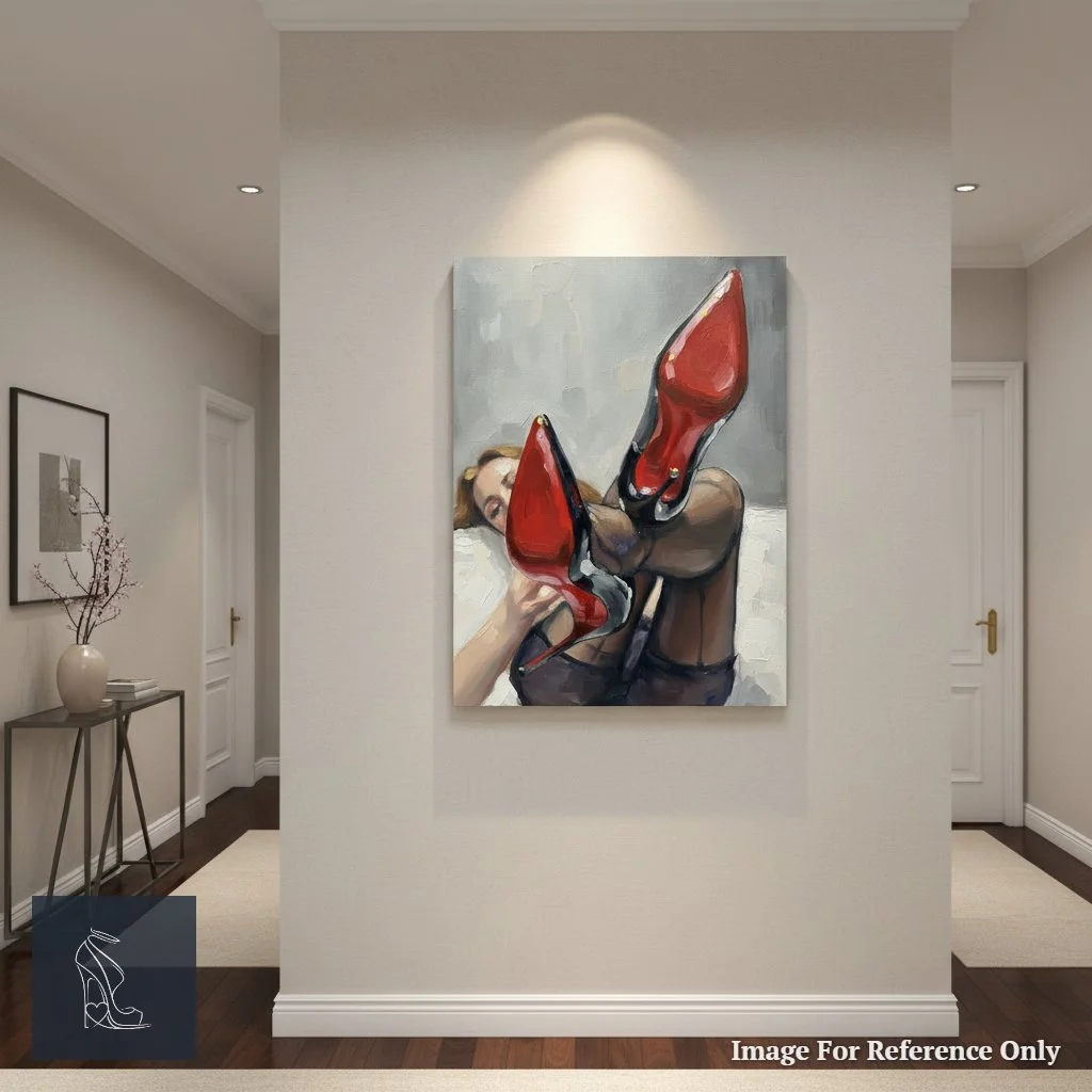 Striking oil painting featuring a woman's legs in red-soled stilettos and sheer stockings, hanging prominently in a well-lit hallway, creating a bold artistic statement.
