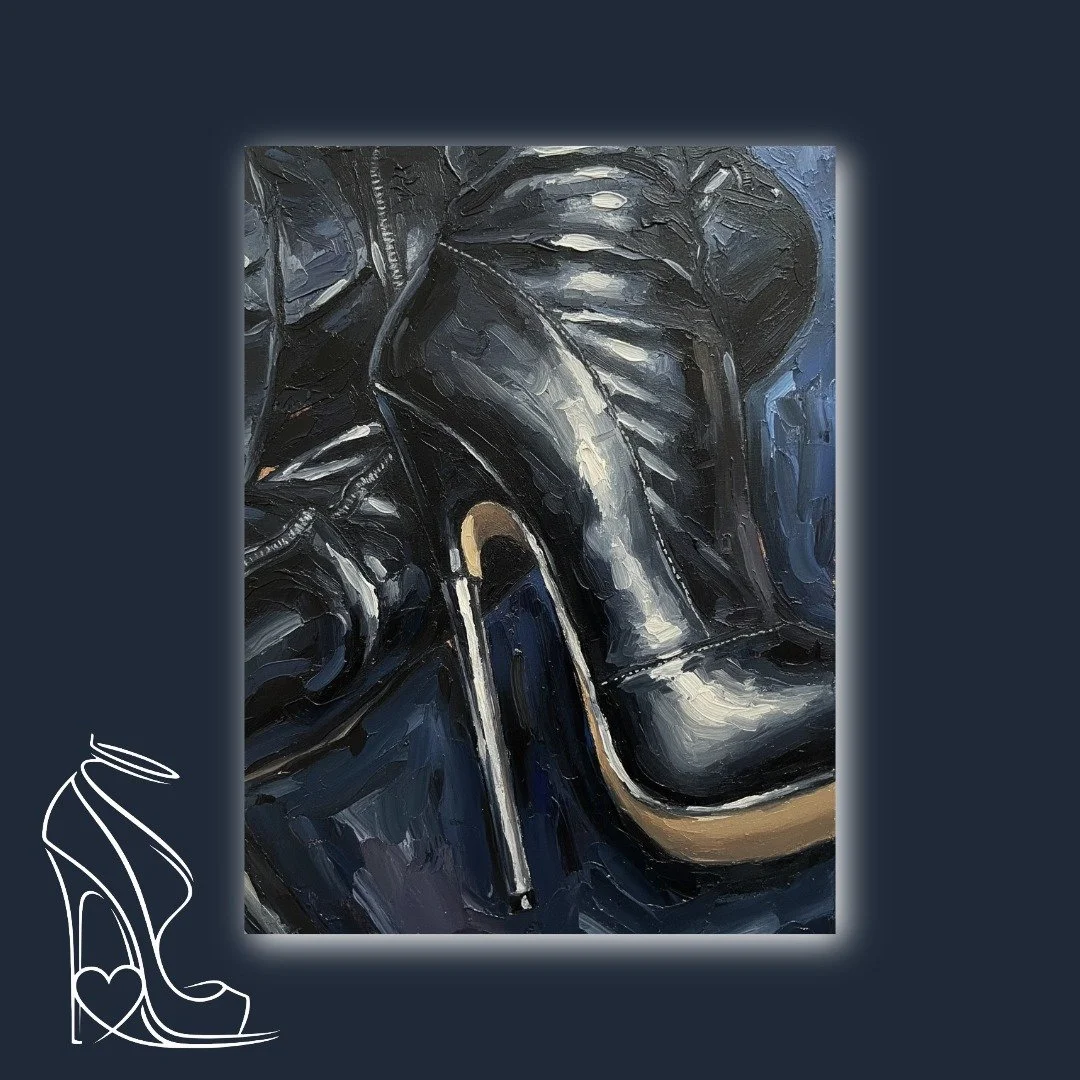 A powerful impasto oil painting by Mark Lee, depicting black leather thigh boots with an extreme metal stiletto heel under hypnotic lighting, embodying ultimate fetish elegance.