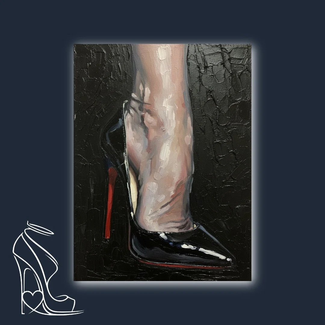 An intimate oil painting celebrating the dramatic arch of the foot within a glossy stiletto high heel, rendered with thick impasto against a textured dark background.