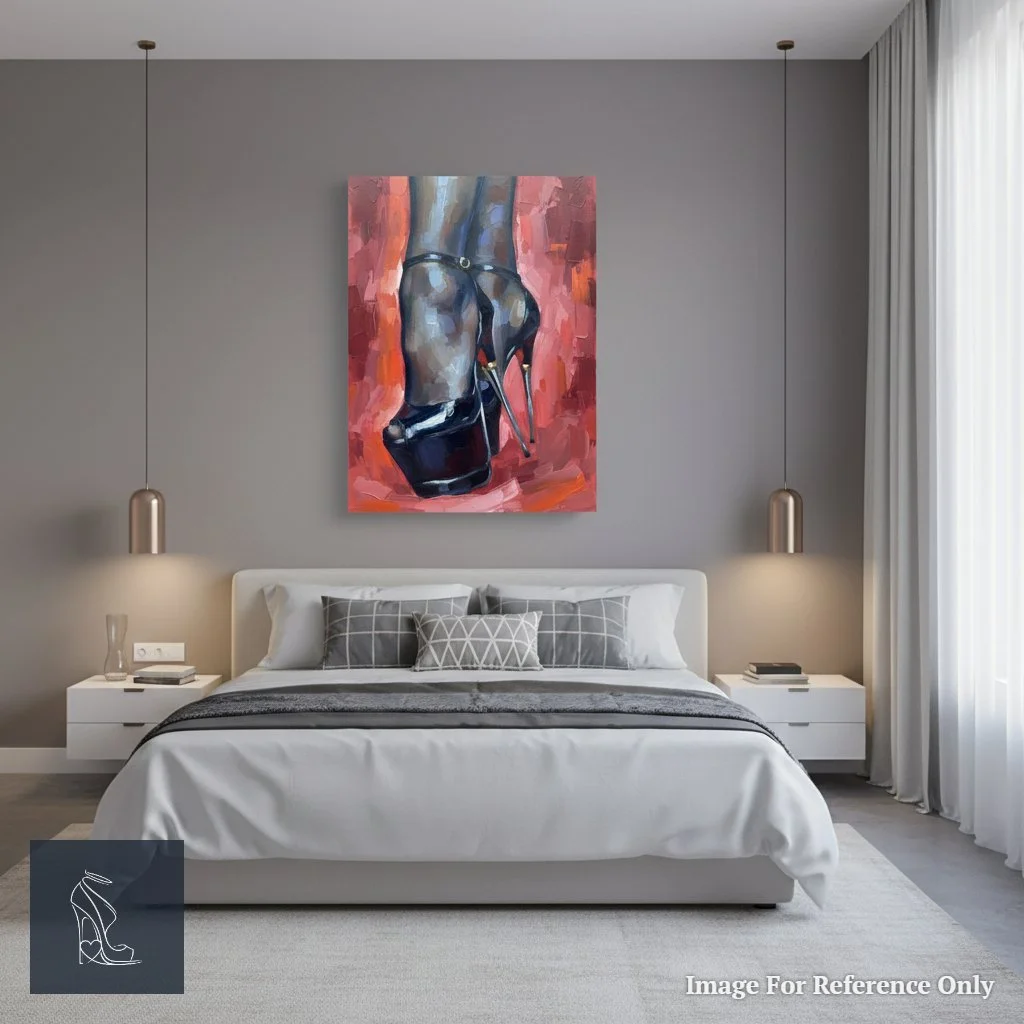 Original Mark Lee oil painting of black platform stiletto high heels on a crimson background, displayed elegantly in a modern bedroom.