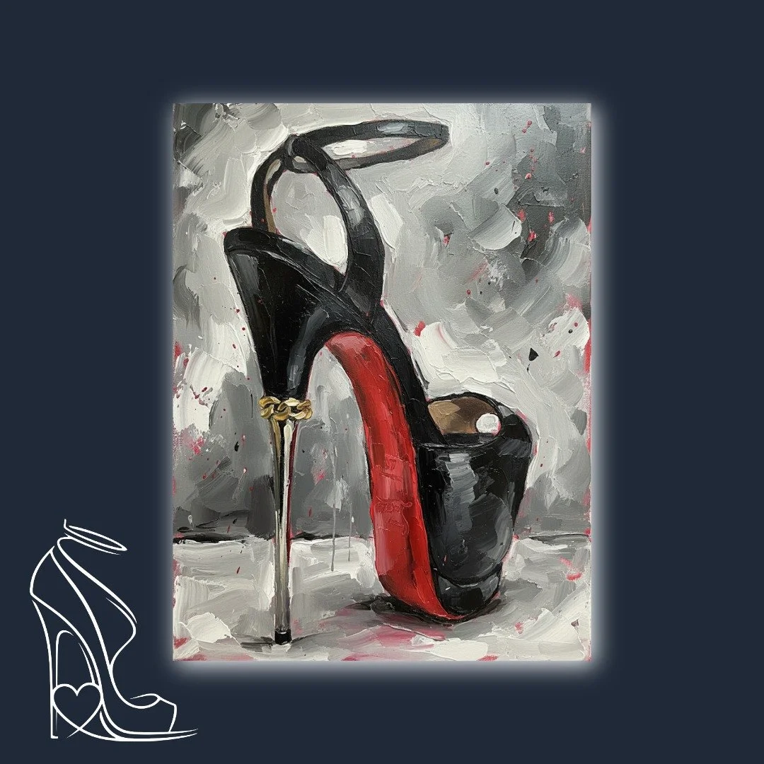 A striking oil painting capturing the bold allure of a luxurious stiletto, featuring a dramatic red sole and exquisite gold details, rendered with rich impasto textures.
