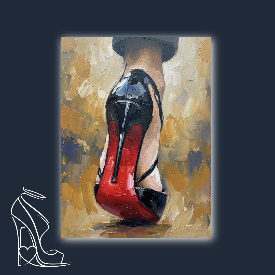A visceral exploration of the iconic red sole stiletto, rendered with thick impasto to highlight its erotic power and sensual form. An essential piece for collectors of footwear fetish art.
