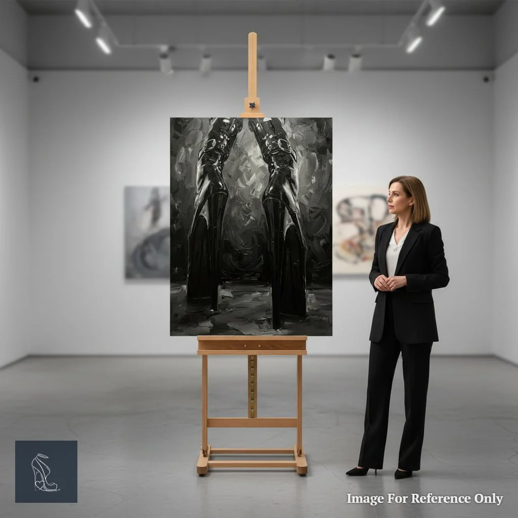 A collector holding the framed 'Vertiginous Dominion' artwork, highlighting its size and the striking visual impact of the extreme stiletto heels.