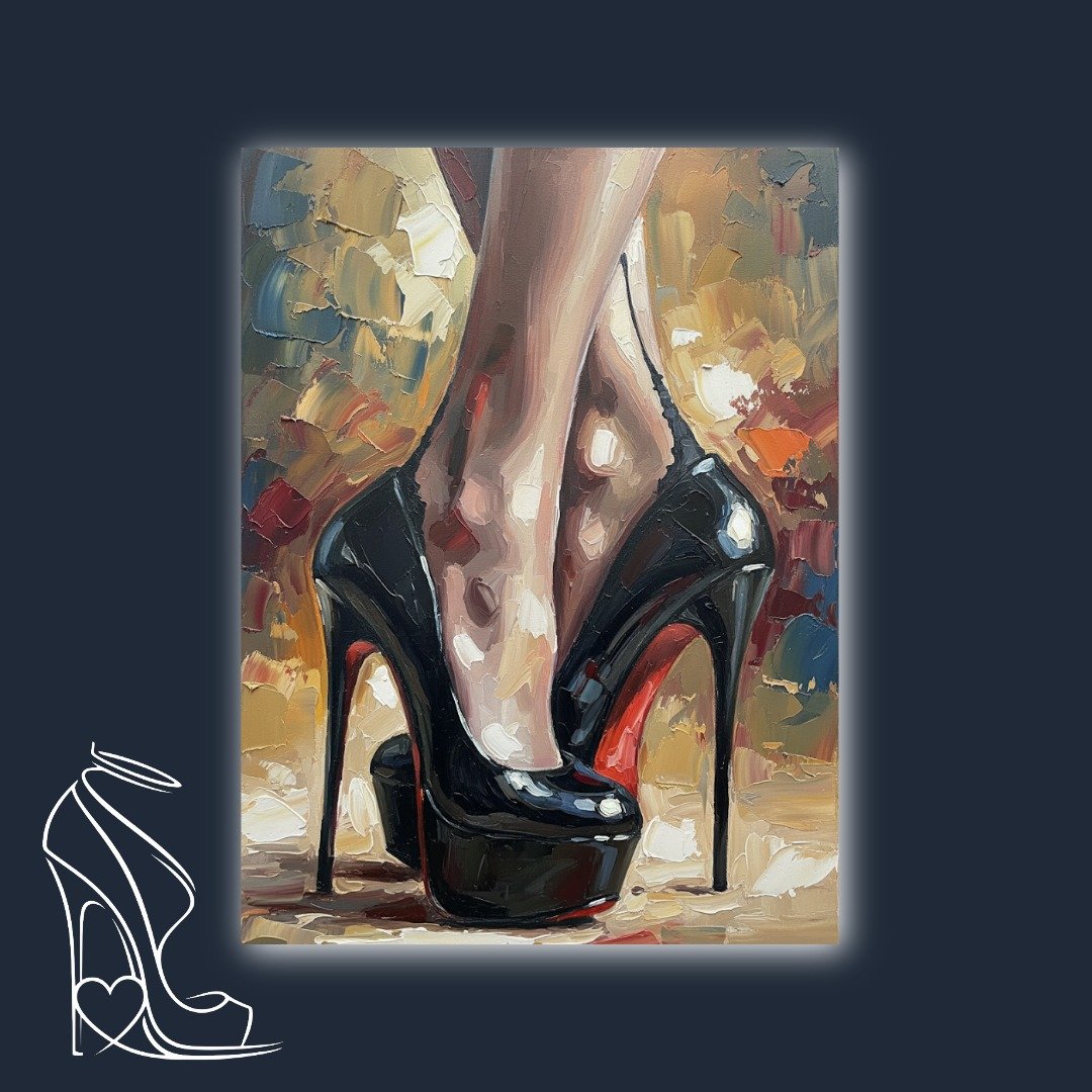 A bold, textured oil painting capturing the seductive power and exquisite form of feet encased in iconic black platform stilettos with crimson soles.