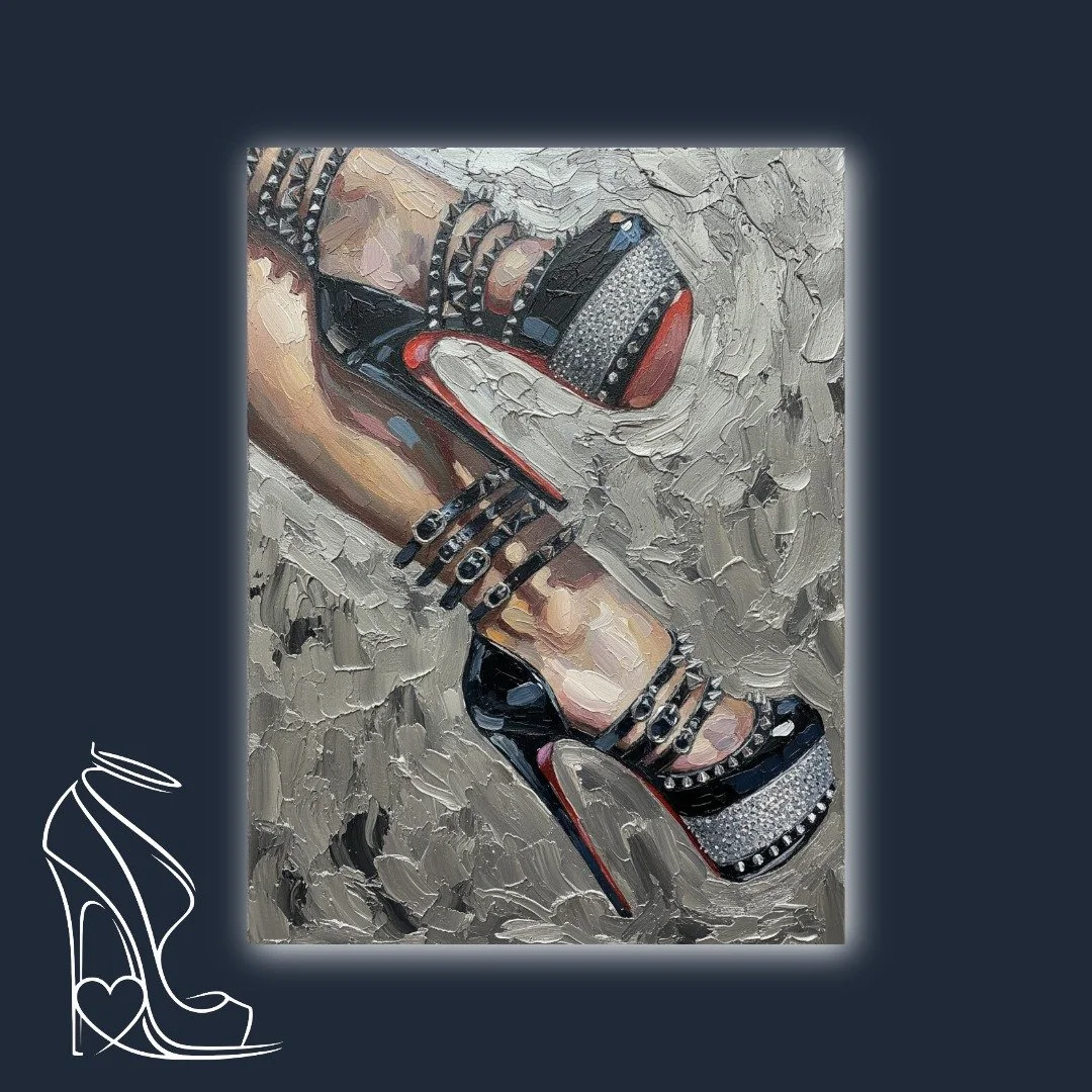 An oil painting capturing the raw allure and dominance of studded, buckled, platform stiletto high heels against a richly textured backdrop.