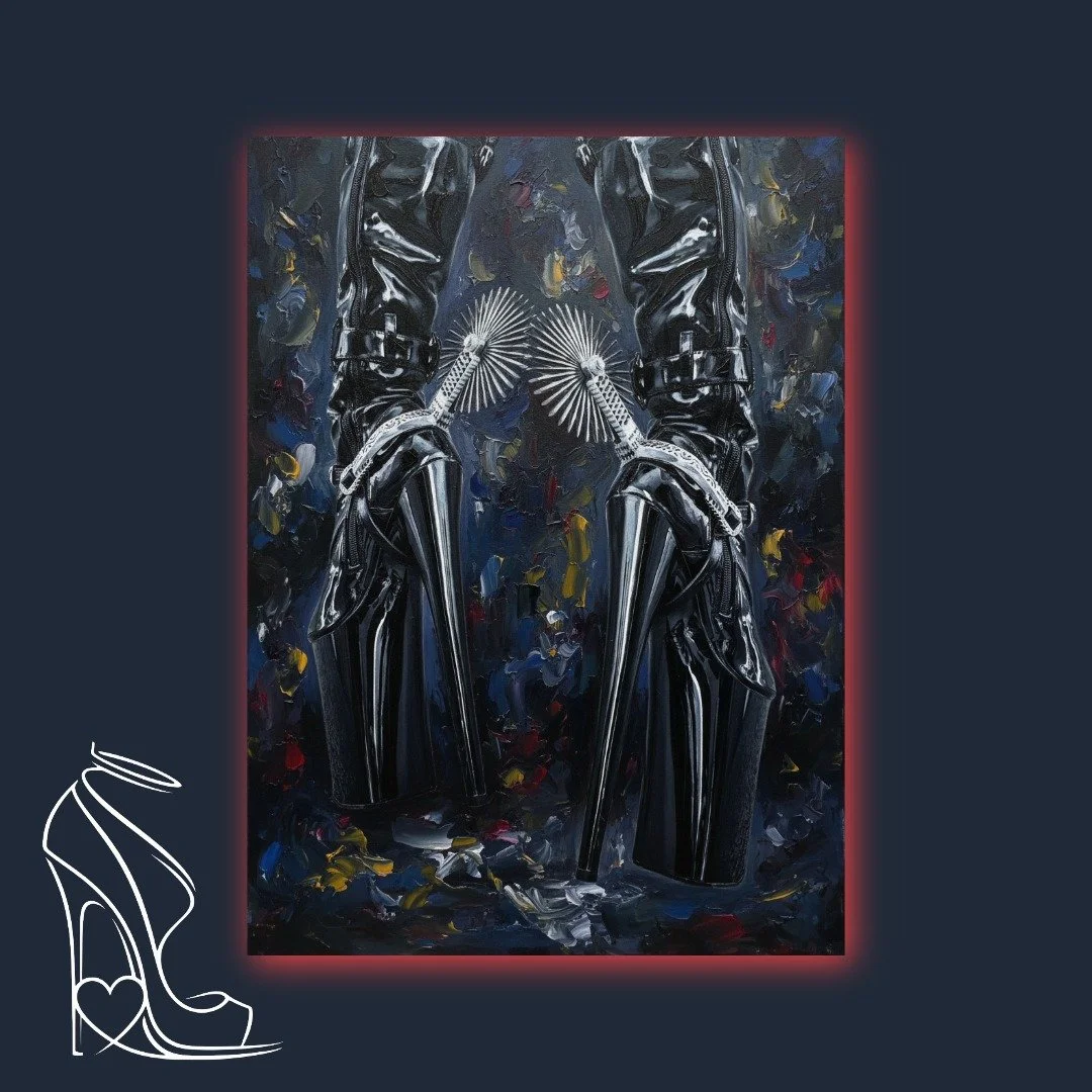 A powerful digital impasto artwork featuring glossy patent leather stiletto boots adorned with menacing spurs, embodying raw dominance and fetish elegance.