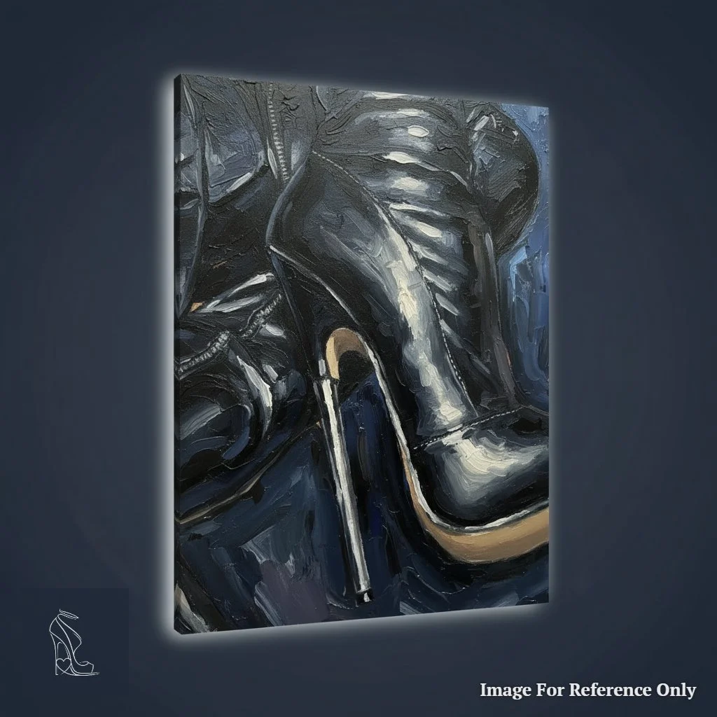 3D rendered view of Mark Lee's 'Sleek Supremacy' artwork, presenting the textured impasto painting of black leather thigh boots and a gleaming metal stiletto heel.