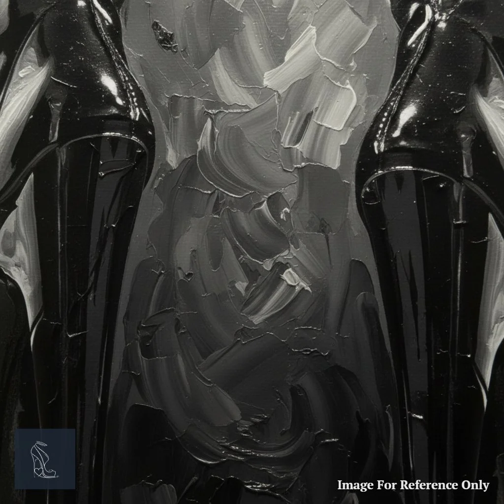 Extreme close-up of the glossy patent leather stiletto heel and buckle, showcasing intricate details and textured impasto background in black and grey.