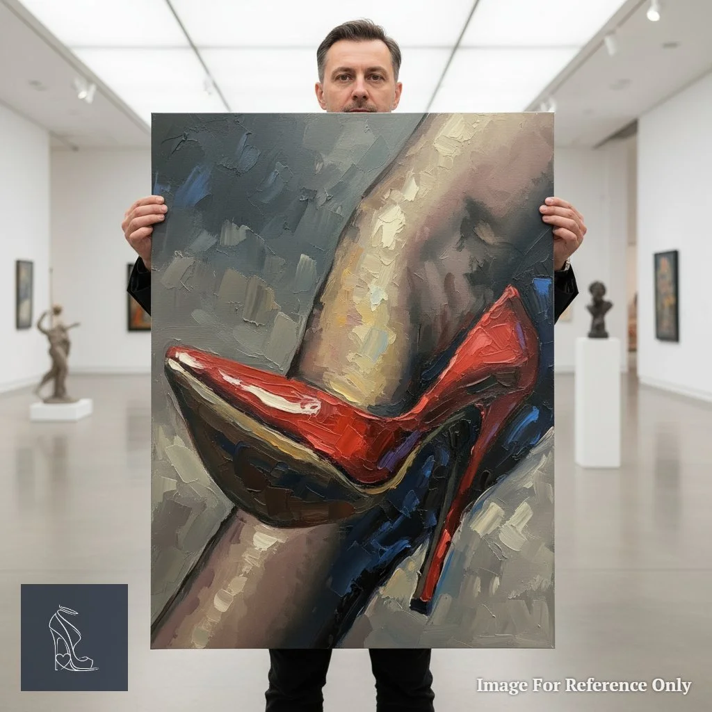 Artist Mark Lee or collector holding an original oil painting of a vibrant red stiletto, highlighting the size and painterly detail of the fetish art piece.