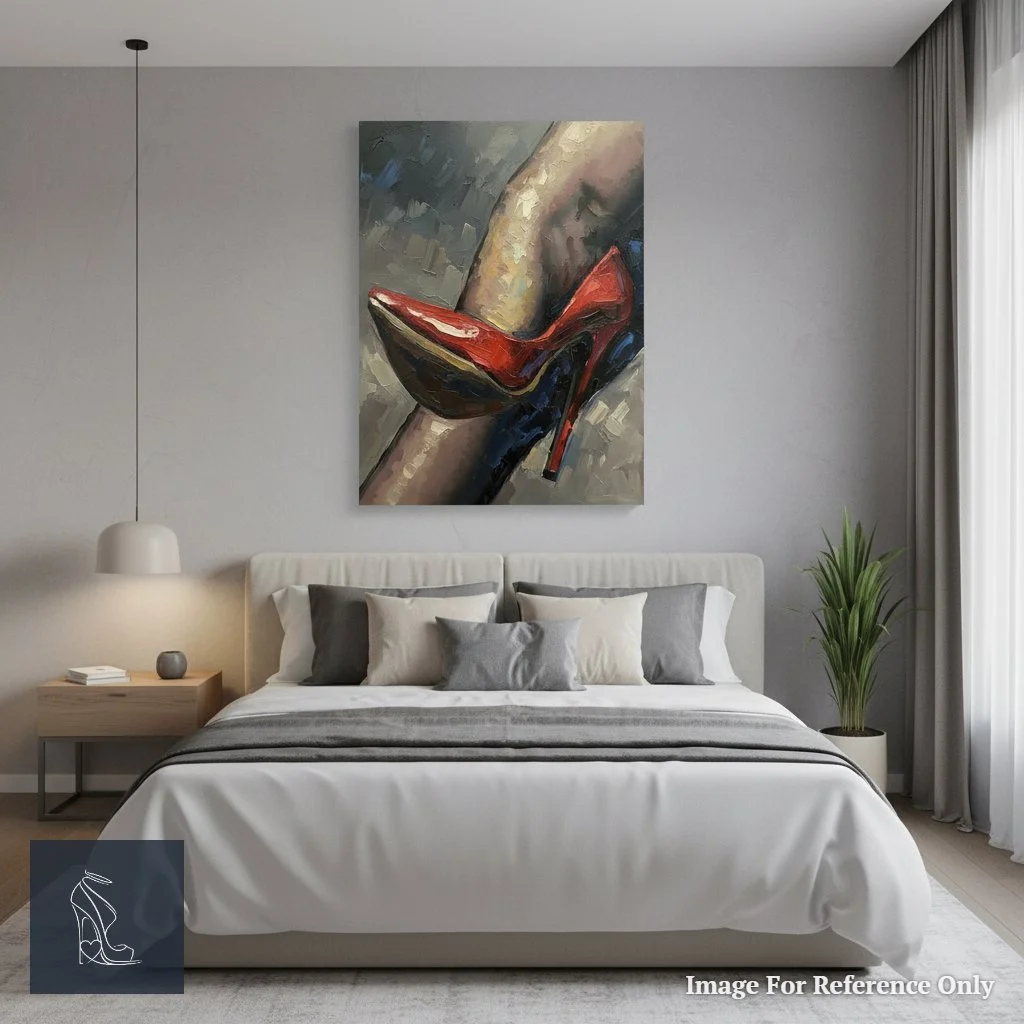 Dramatic oil painting of a red stiletto high heel in a luxurious bedroom setting, adding an alluring, fetish art touch to the decor.