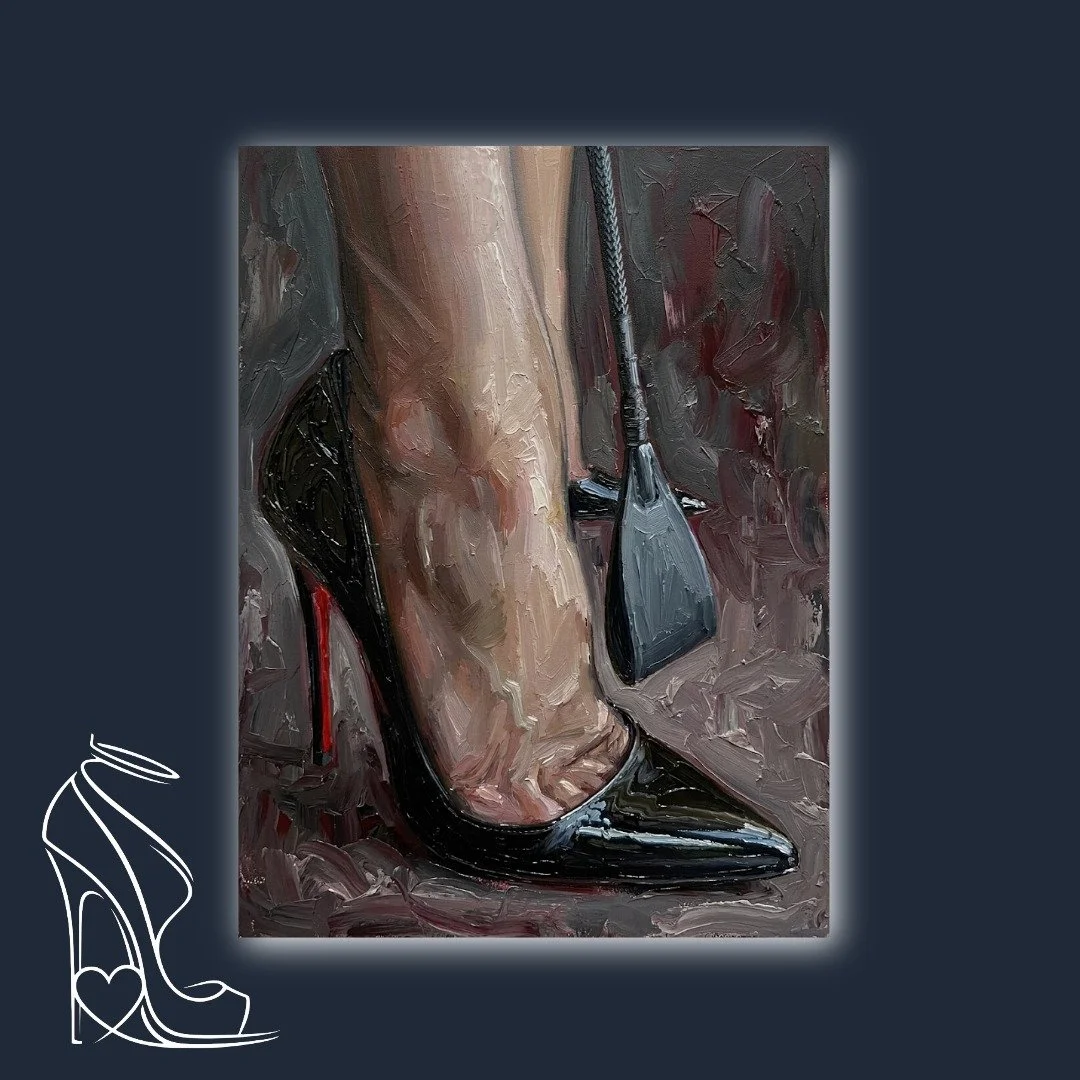 An intense oil painting capturing a glossy black stiletto heel and riding crop, embodying raw power and sensual dominance.