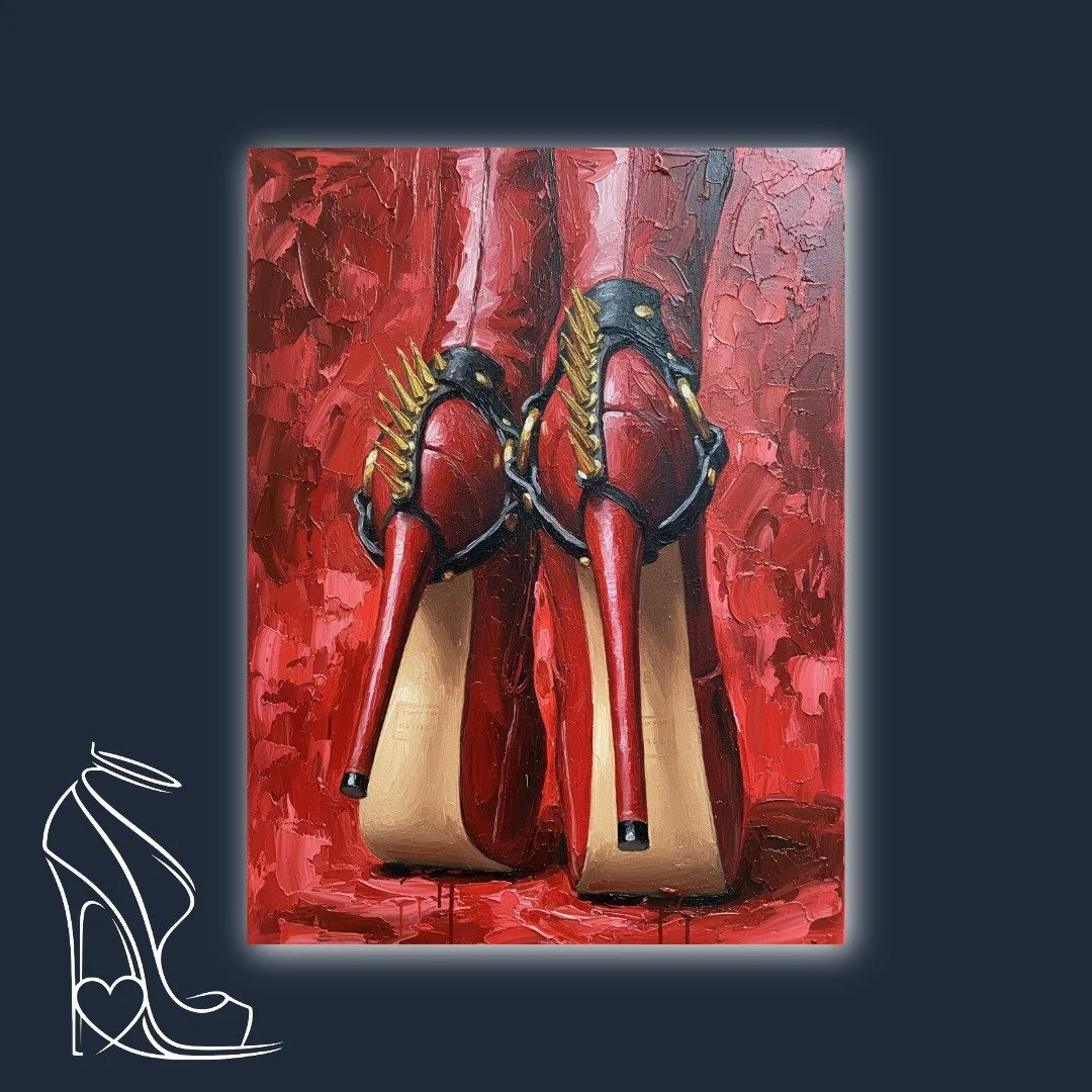An intense oil painting capturing the formidable beauty of red platform stiletto heels, adorned with aggressive gold spikes and buckles, set against a rich, textured crimson backdrop.